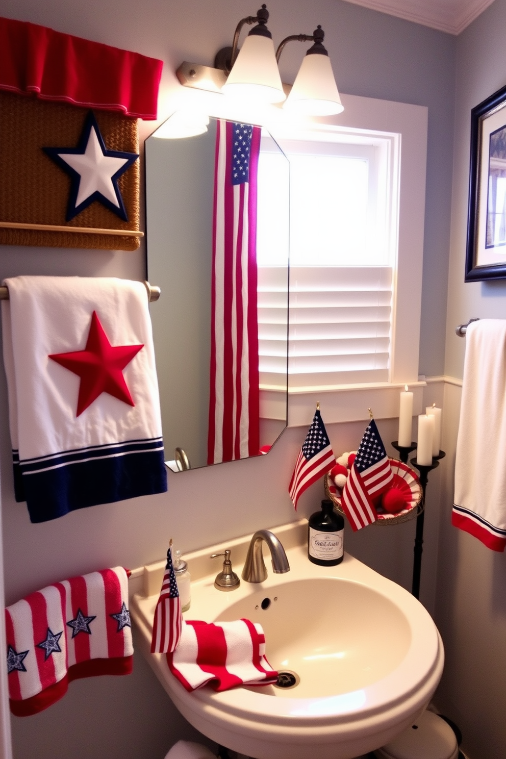 A patriotic-themed bathroom features accessories in red, white, and blue colors. Stars and stripes motifs adorn towels, shower curtains, and decorative items, creating a festive atmosphere. For Memorial Day small space decorating ideas, use a combination of minimalist decor and bold accents. Incorporate small flags, themed candles, and tasteful wall art to honor the occasion without overwhelming the space.