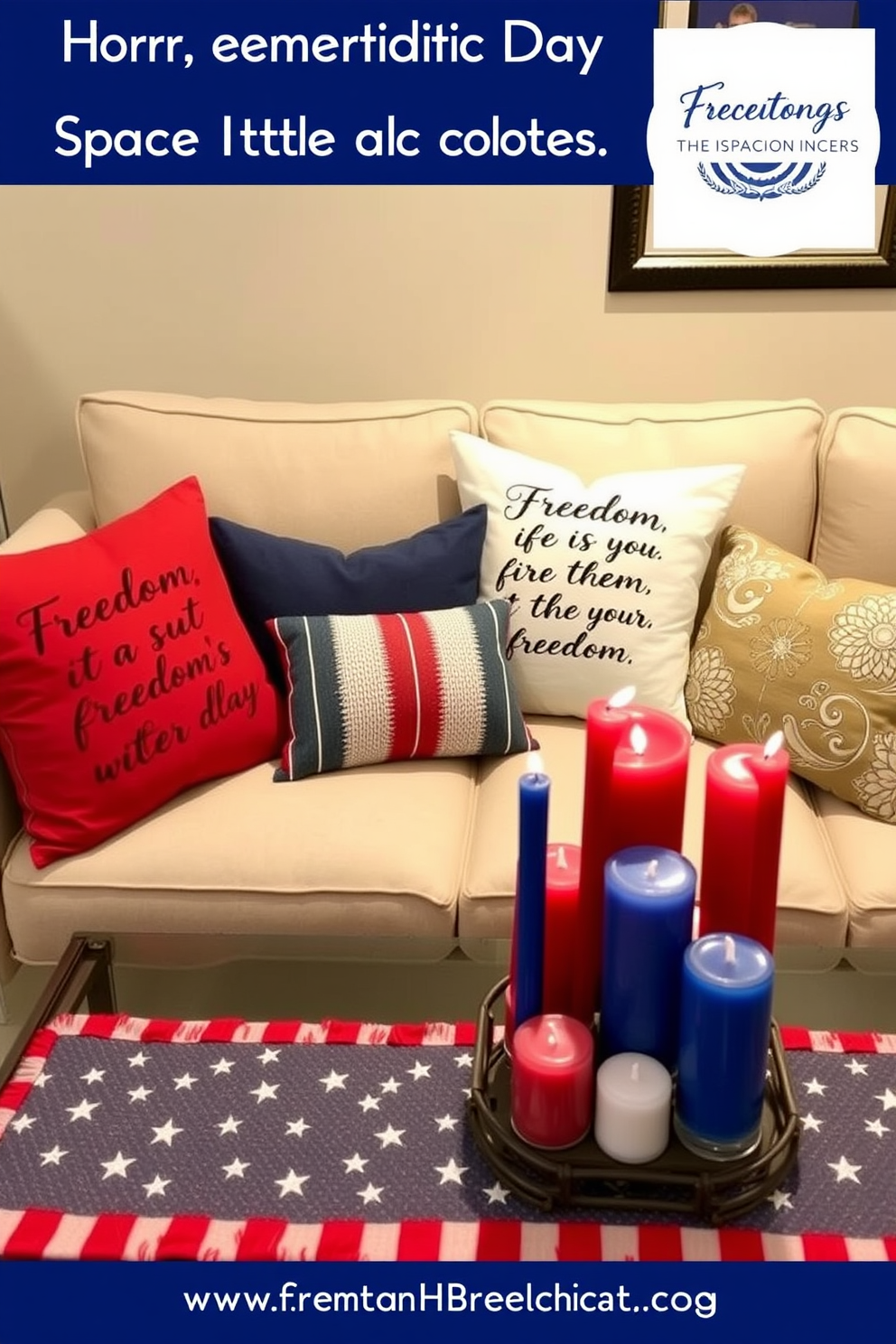 Decorative pillows featuring inspiring quotes about freedom are arranged on a cozy sofa. The pillows are in various colors, creating a vibrant and inviting atmosphere in the living room. For Memorial Day, small space decorating ideas include patriotic-themed accents like red, white, and blue table runners. A cluster of candles in themed colors adds a warm glow to the space, enhancing the festive spirit.