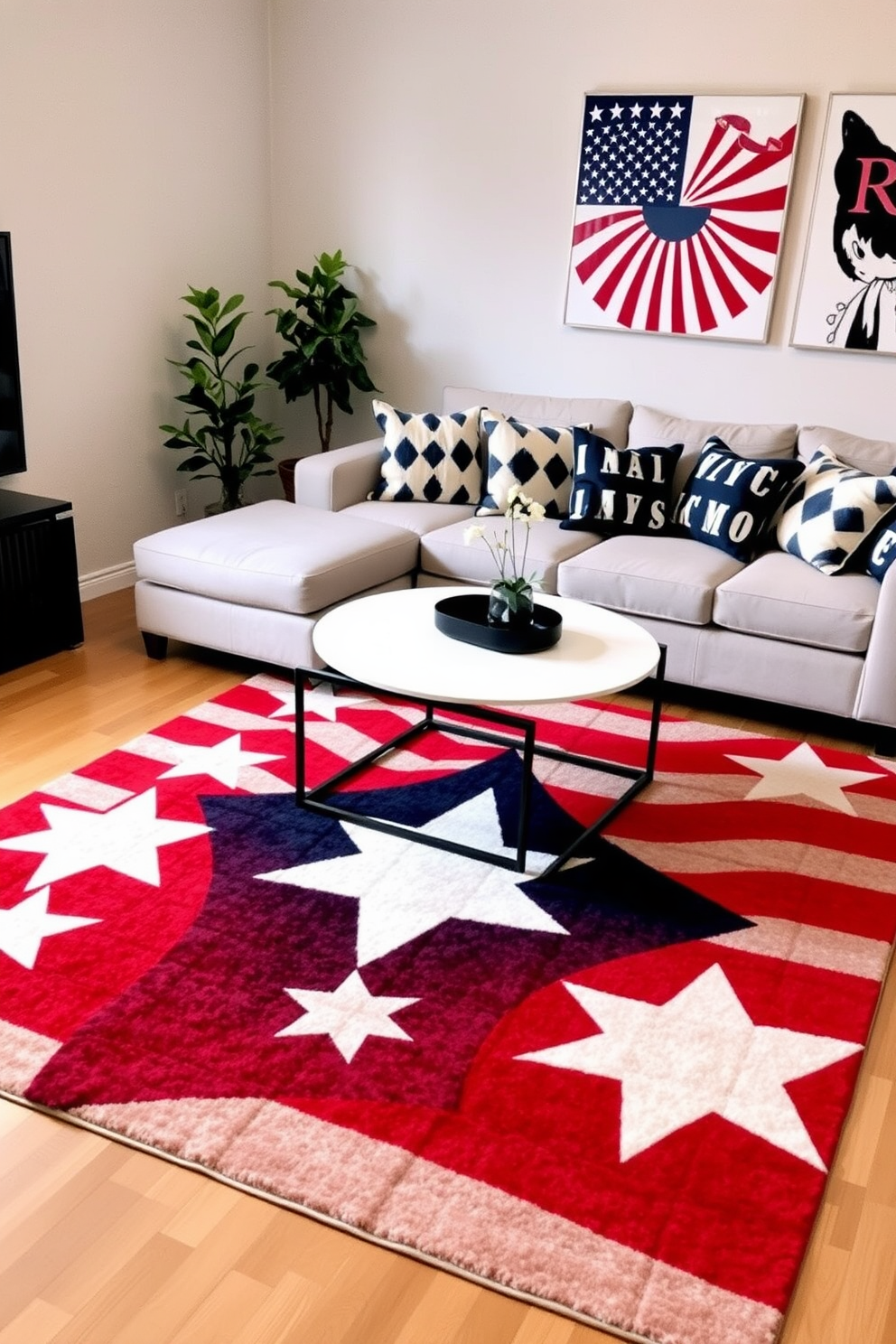 A cozy living room featuring a star and stripe patterned rug that adds a festive touch. The rug is placed under a modern coffee table surrounded by a sectional sofa in neutral tones. In the corner, a small potted plant brings a splash of greenery to the space. The walls are adorned with patriotic-themed artwork that complements the rug's design.