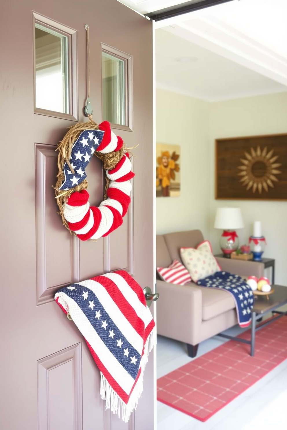 A charming front door adorned with an American flag wreath, showcasing vibrant red, white, and blue colors. The wreath is crafted from natural materials, adding a rustic touch to the entrance. Inside, a cozy living room features a small space decorated for Memorial Day with red, white, and blue accents. A stylish throw blanket drapes over a compact sofa, and a small table displays patriotic-themed decor items, creating a festive atmosphere.