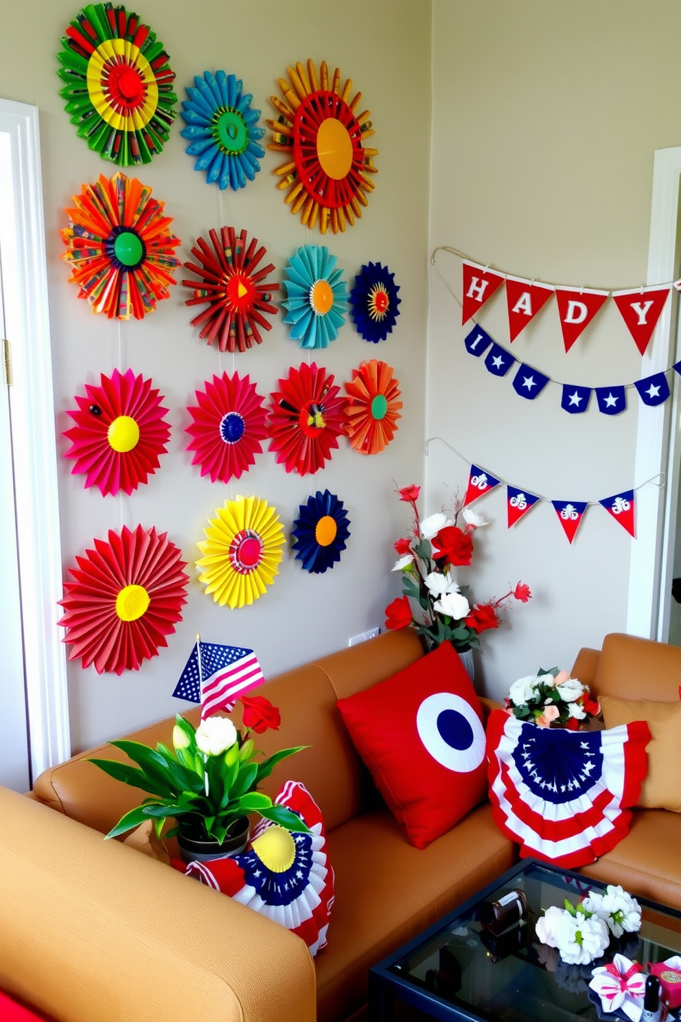 A vibrant display of festive artwork crafted from recycled materials adorns the wall. The pieces feature bright colors and intricate designs, creating a lively atmosphere that celebrates creativity and sustainability. In a small living space, Memorial Day decorations are thoughtfully arranged to honor the occasion. Red, white, and blue accents are incorporated through cushions, banners, and tasteful floral arrangements, ensuring a festive yet uncluttered look.