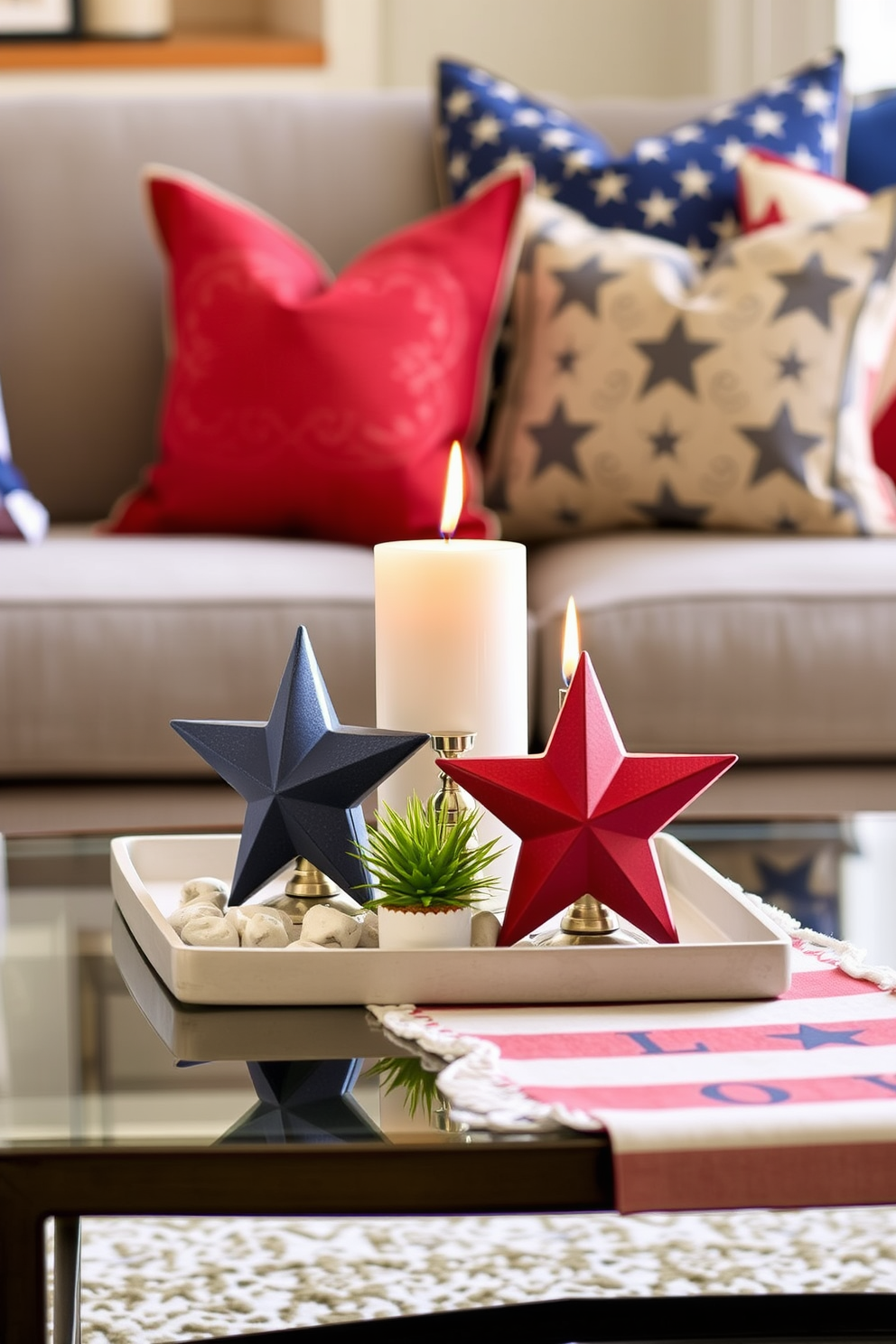 A stylish coffee table adorned with star-shaped candles of varying sizes creates a cozy and inviting atmosphere. The candles are arranged in a way that highlights their unique shapes, surrounded by a few decorative stones and a small potted plant for added texture. For Memorial Day, consider using red, white, and blue accents to celebrate the occasion in your small space. Incorporate themed throw pillows and a festive table runner to create a patriotic yet elegant look that maximizes your limited area.