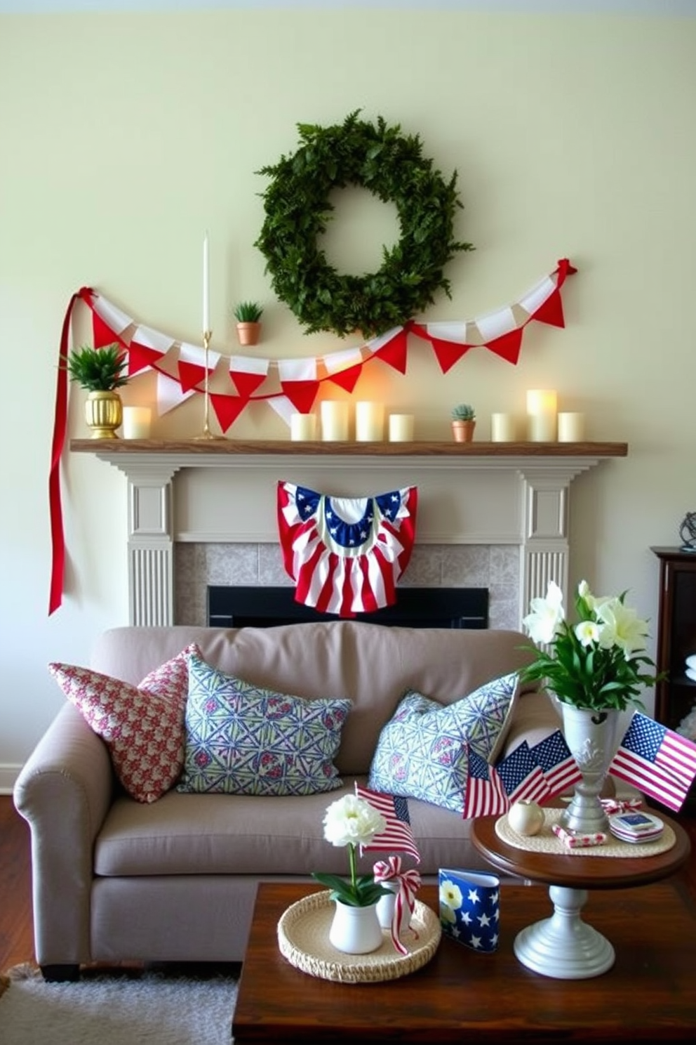 A cozy living room adorned with festive bunting draped elegantly across the mantel. The mantel is decorated with small potted plants and candles in varying heights, creating a warm and inviting atmosphere. For Memorial Day, the small space features a tasteful arrangement of red white and blue accents. Cushions with patriotic patterns are placed on a compact sofa while a small table is set with themed decorations and a vase of fresh flowers.