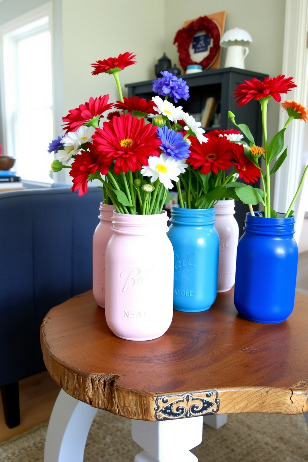 A collection of DIY painted mason jars filled with vibrant flowers sits on a rustic wooden table. The jars are painted in soft pastel colors, creating a charming and inviting atmosphere. For Memorial Day, small space decorating ideas include red, white, and blue accents throughout the room. A minimalist approach features a few strategically placed flags and seasonal decor to celebrate the holiday without overwhelming the space.