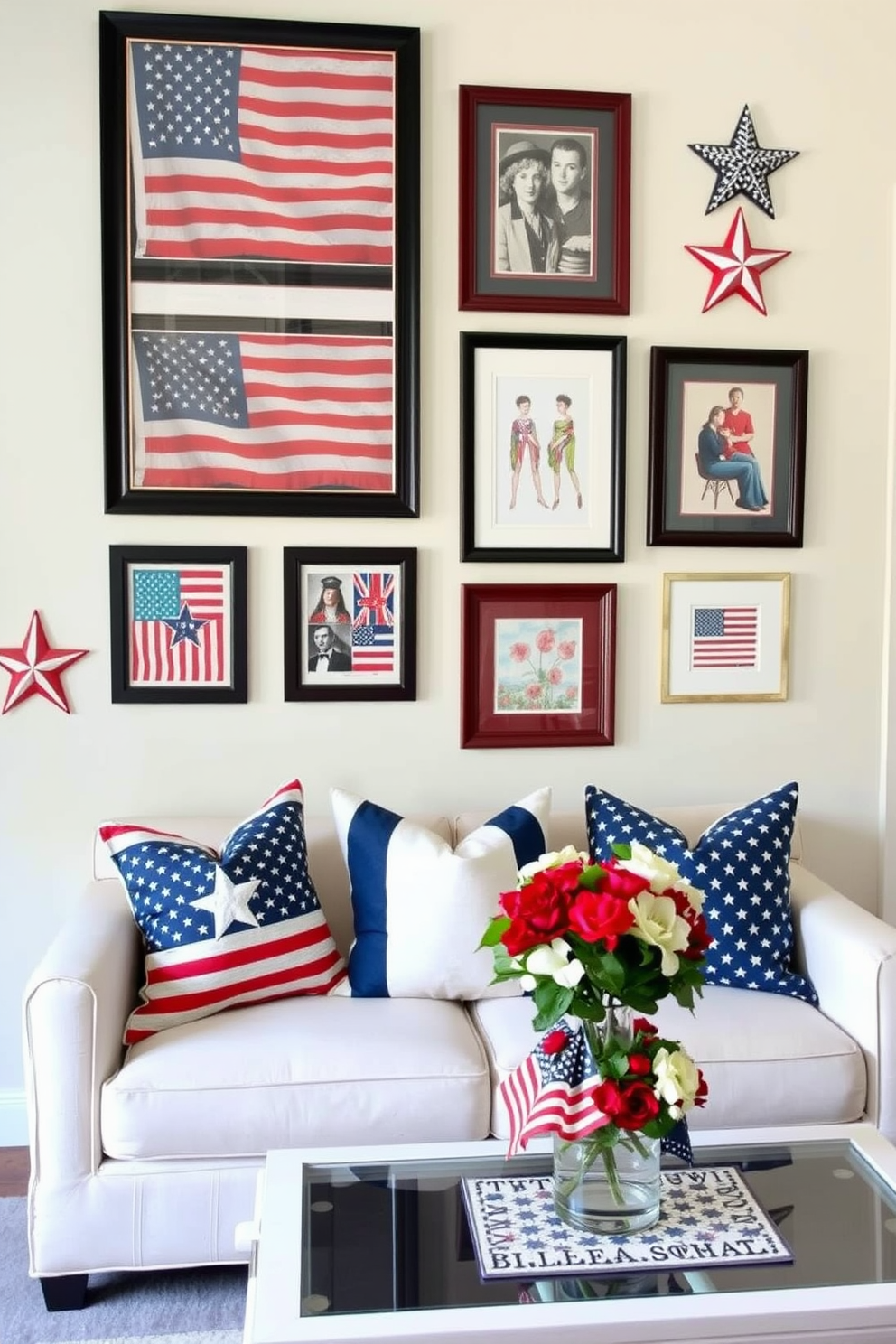 A patriotic-themed wall art gallery featuring an array of framed prints showcasing the American flag and iconic national symbols. The gallery wall is accented with decorative elements like vintage stars and stripes, creating a cohesive and festive atmosphere. Memorial Day small space decorating ideas include a tasteful arrangement of red, white, and blue throw pillows on a compact sofa. Add a small table centerpiece with fresh flowers in patriotic colors to enhance the holiday spirit while maintaining a stylish look.