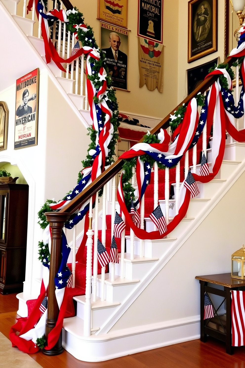 A grand staircase adorned with a patriotic red, white, and blue garland. The garland wraps elegantly around the banister, with intertwined stars and stripes ribbons adding a festive touch. On each step, small American flags are placed, creating a vibrant display. The walls along the staircase are decorated with vintage patriotic posters and banners, enhancing the Memorial Day theme.