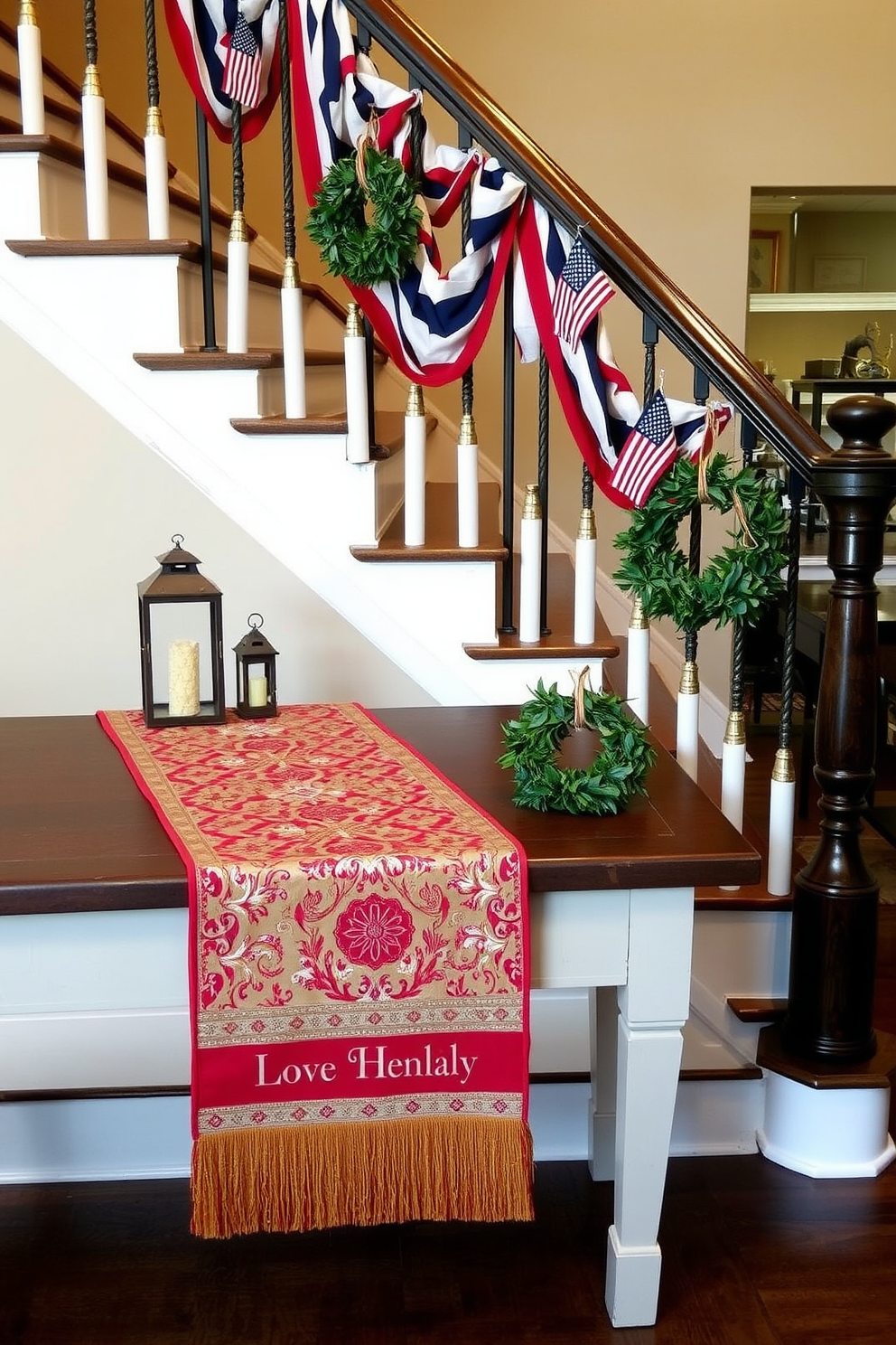 A festive table runner adorns the landing, featuring a rich tapestry of red and gold patterns that evoke holiday cheer. The runner is complemented by a series of small, decorative lanterns placed along its edges, casting a warm, inviting glow. For Memorial Day staircase decorating ideas, envision a staircase draped with patriotic bunting in red, white, and blue, cascading down the banister. Small, elegant wreaths made of fresh greenery and adorned with miniature American flags are hung at intervals, creating a celebratory yet tasteful ambiance.