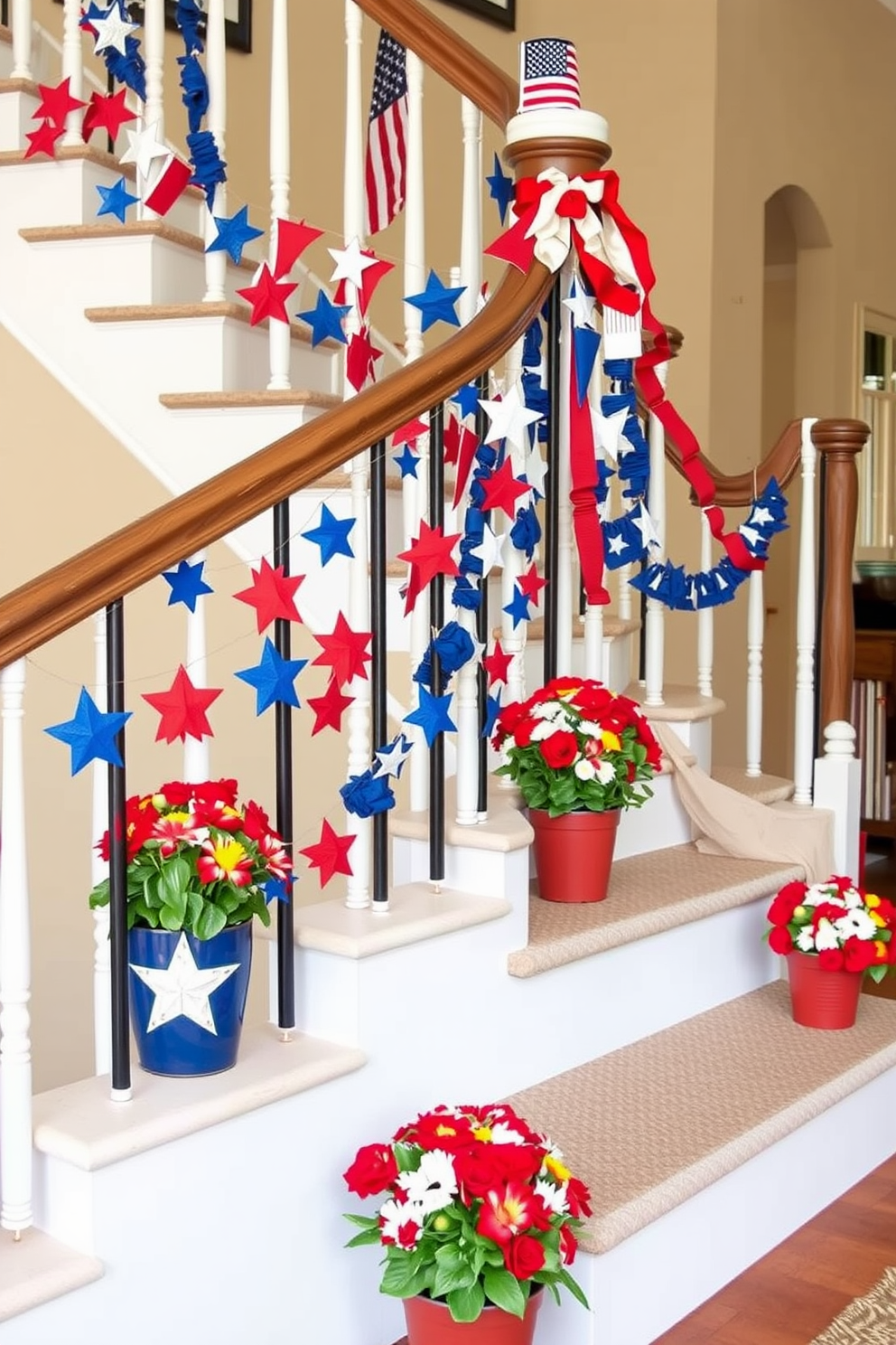 DIY painted star rocks as decor. Arrange a collection of smooth, flat rocks and paint them with bright, colorful star designs. Place these painted rocks in a decorative bowl on a coffee table or scatter them along a garden path for a whimsical touch. Memorial Day Staircase Decorating Ideas. Adorn your staircase with red, white, and blue bunting, draping it along the banister for a festive look. Add small American flags and star-shaped ornaments to the railing, and place potted flowers in patriotic colors on each step for a vibrant holiday display.