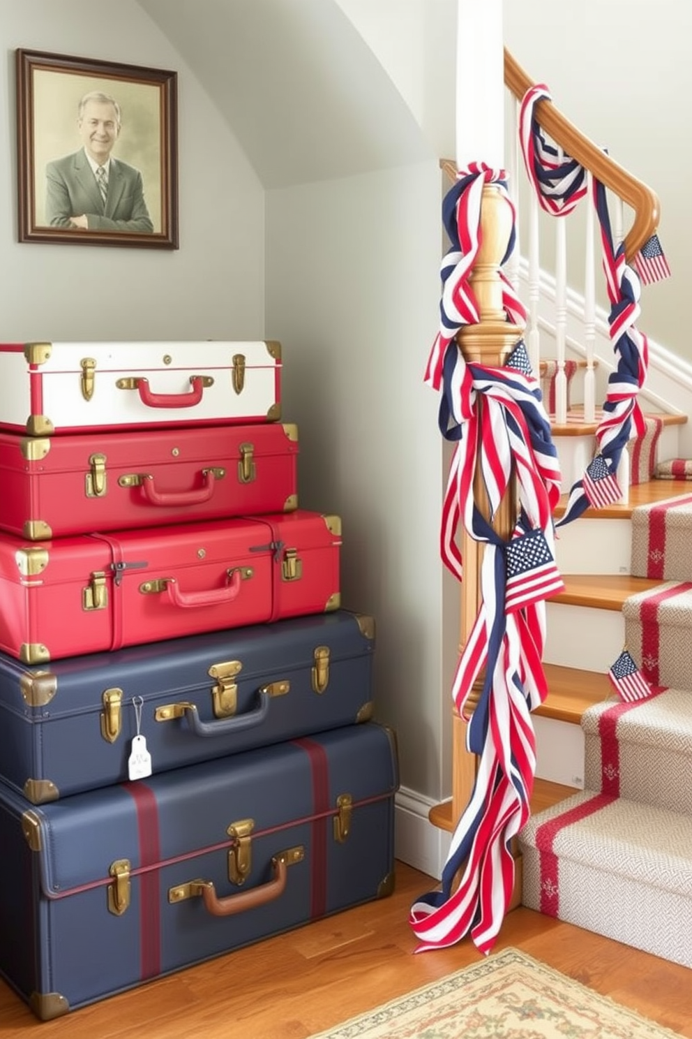 A cozy nook featuring vintage suitcases in patriotic colors. The suitcases are stacked atop each other, with red, white, and blue hues, and are adorned with brass locks and leather straps, adding a nostalgic touch to the space. A Memorial Day staircase decorated with festive charm. The banister is wrapped in a garland of red, white, and blue ribbons, while small American flags are placed at intervals along the steps, creating a spirited and welcoming entryway.