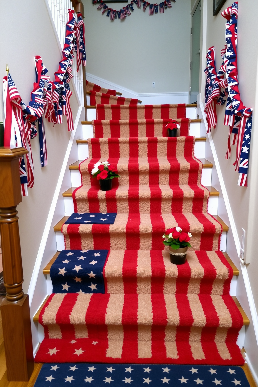 A staircase adorned for Memorial Day, featuring layered rugs in red, white, and blue. The steps are covered with alternating patterns of stars and stripes, creating a festive and patriotic ambiance. On the walls beside the staircase, decorative garlands made of miniature American flags and red, white, and blue ribbons are draped elegantly. Small potted plants with red and white flowers are placed on each step, adding a touch of natural beauty and color contrast.