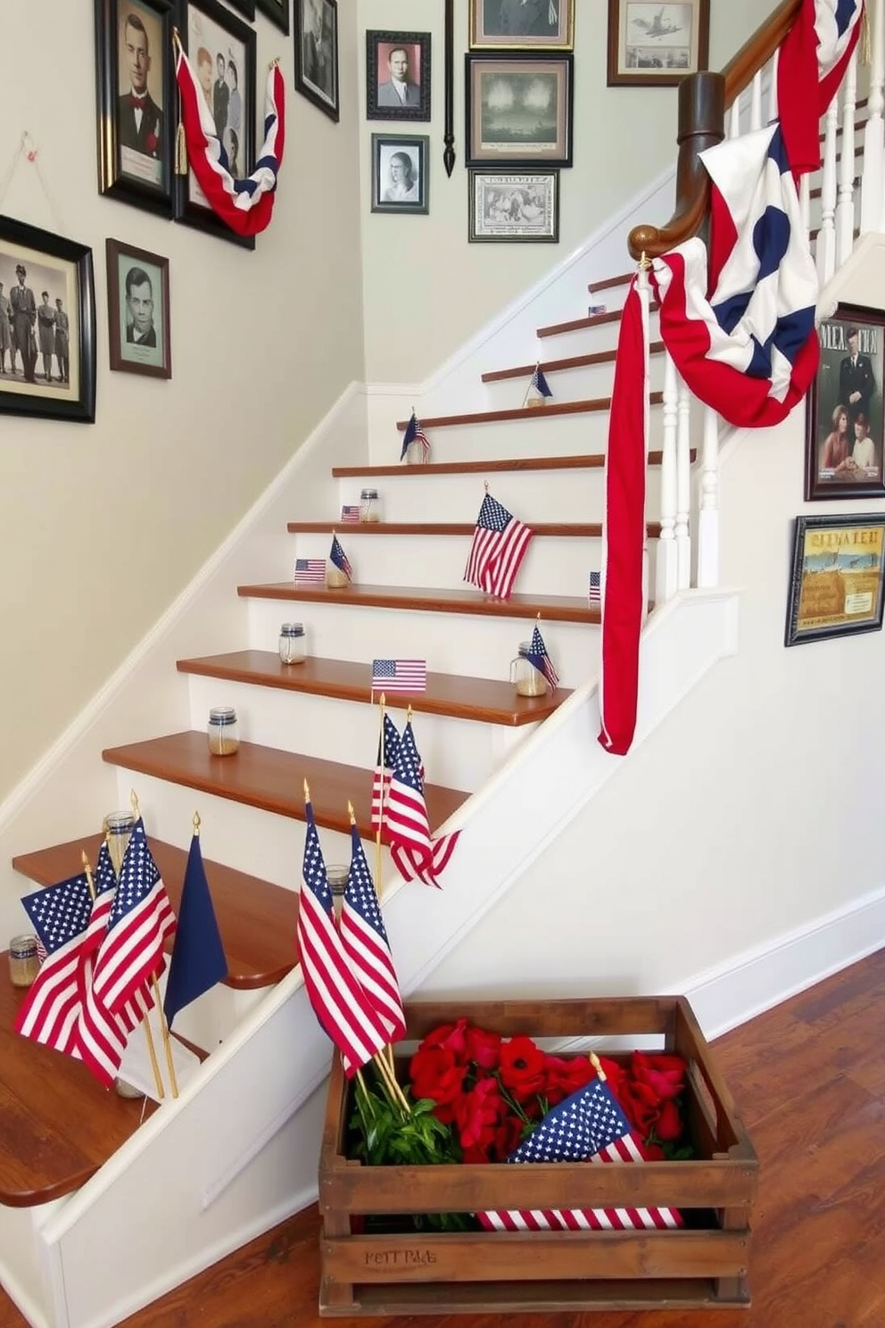 A Memorial Day-themed staircase decorated with patriotic flair. Red, white, and blue banners drape along the handrails, while small decorative jars filled with sand and miniature American flags line each step. The staircase walls are adorned with framed photos of veterans and historical memorabilia, creating a heartfelt tribute. At the base of the stairs, a vintage wooden crate holds larger flags and a bouquet of red poppies, adding a charming, rustic touch to the display.