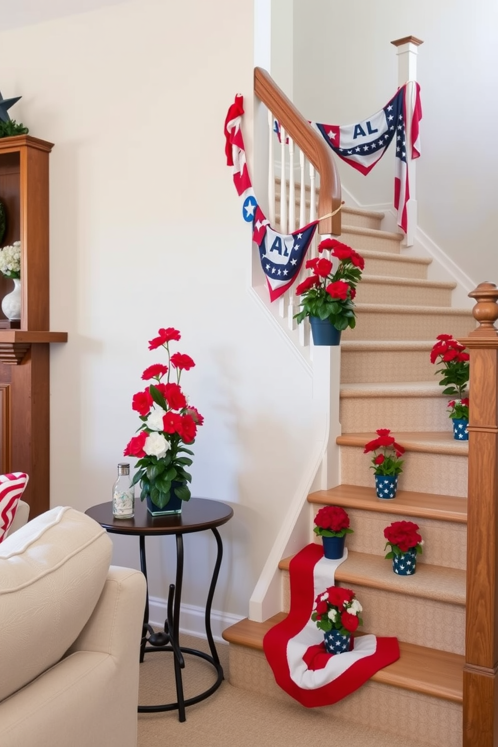 A cozy living room adorned with potted plants featuring vibrant red and white blooms. The plants are placed on a wooden shelf and a side table, adding a pop of color against the neutral-toned furniture and walls. A festive staircase decorated for Memorial Day with red, white, and blue elements. Garlands of flags drape along the banister, while small potted plants with red and white flowers are placed on each step, creating a patriotic and inviting atmosphere.