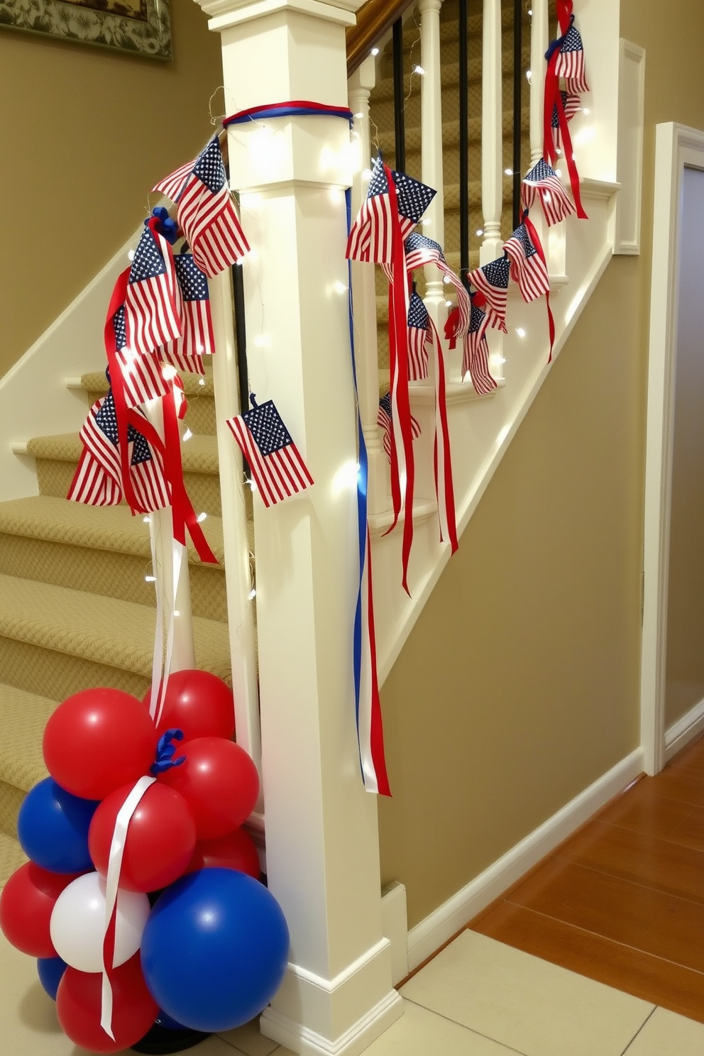 A festive staircase decorated for Memorial Day. At the base, clusters of red, white, and blue balloons are tied together, creating a vibrant and patriotic display. The banister is wrapped with a garland of small American flags and twinkling fairy lights. Red, white, and blue ribbons cascade down the handrail, adding a touch of elegance to the celebratory decor.