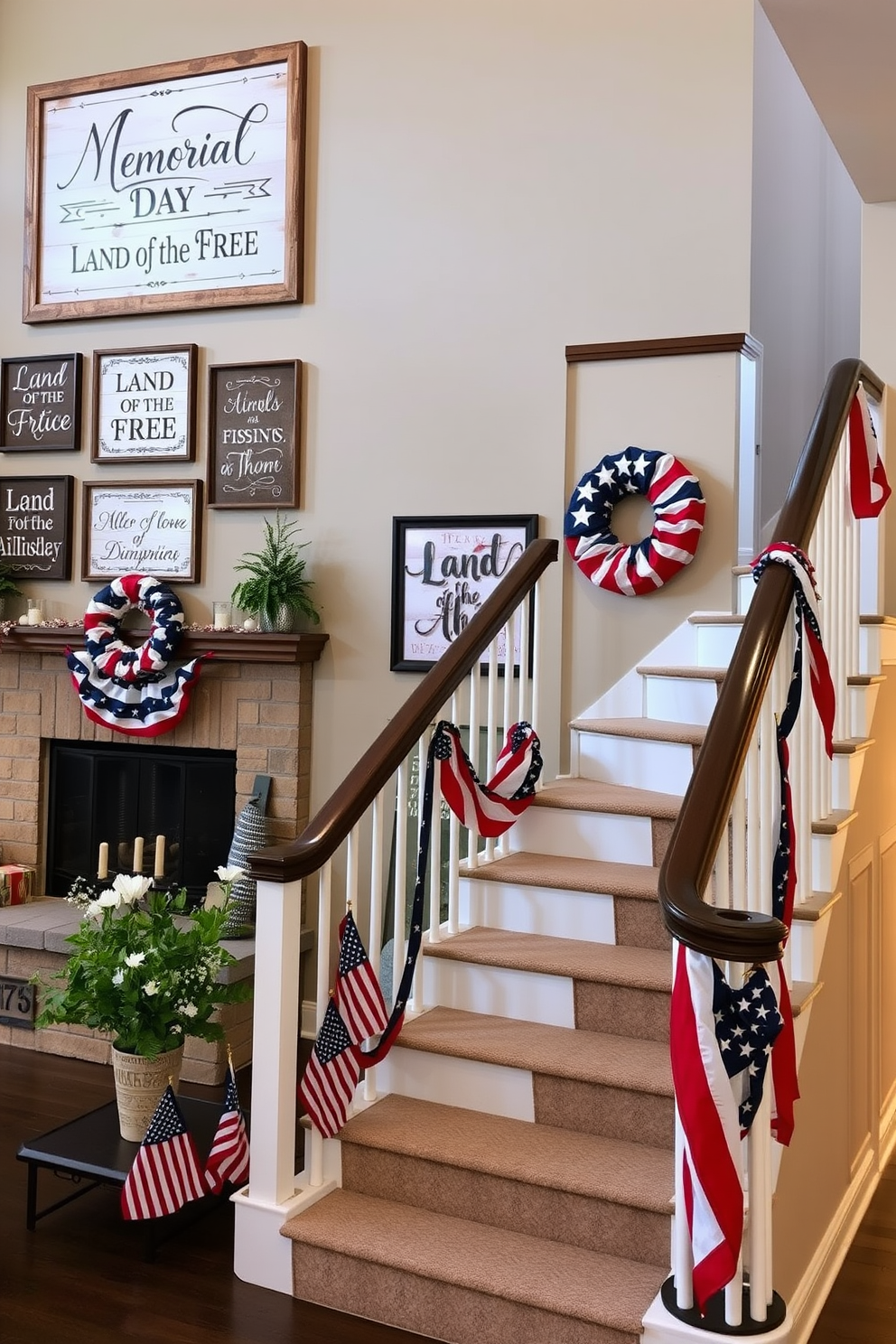 A cozy living room adorned with festive signs celebrating Memorial Day. The walls feature patriotic quotes in elegant fonts, framed in rustic wood, and a large banner with 