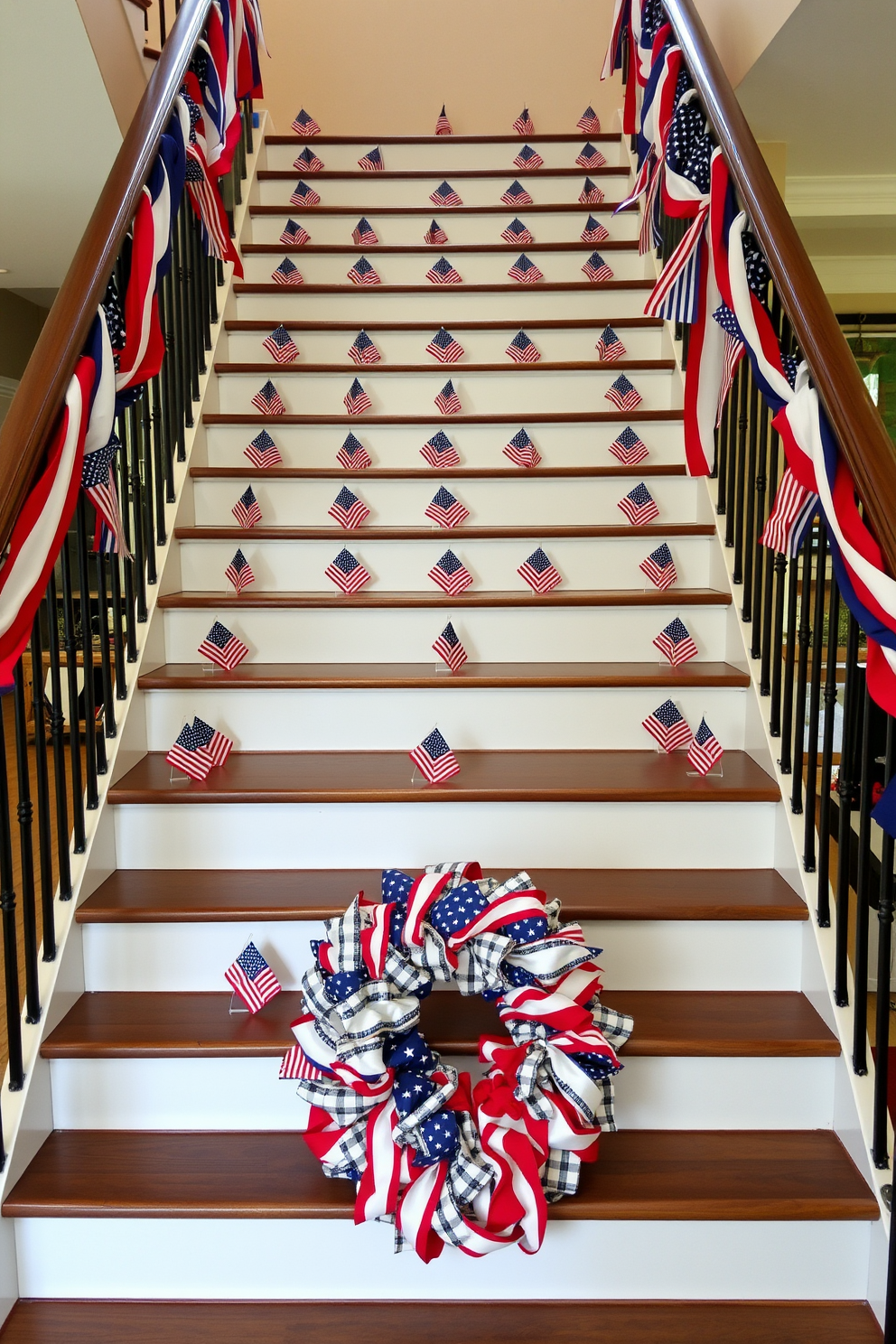 A Memorial Day staircase adorned with mini American flags on each step. The flags are evenly spaced, creating a patriotic and festive atmosphere. The staircase railing is wrapped with red, white, and blue ribbons, complementing the flags. At the bottom of the stairs, a decorative wreath made of stars and stripes fabric welcomes guests.