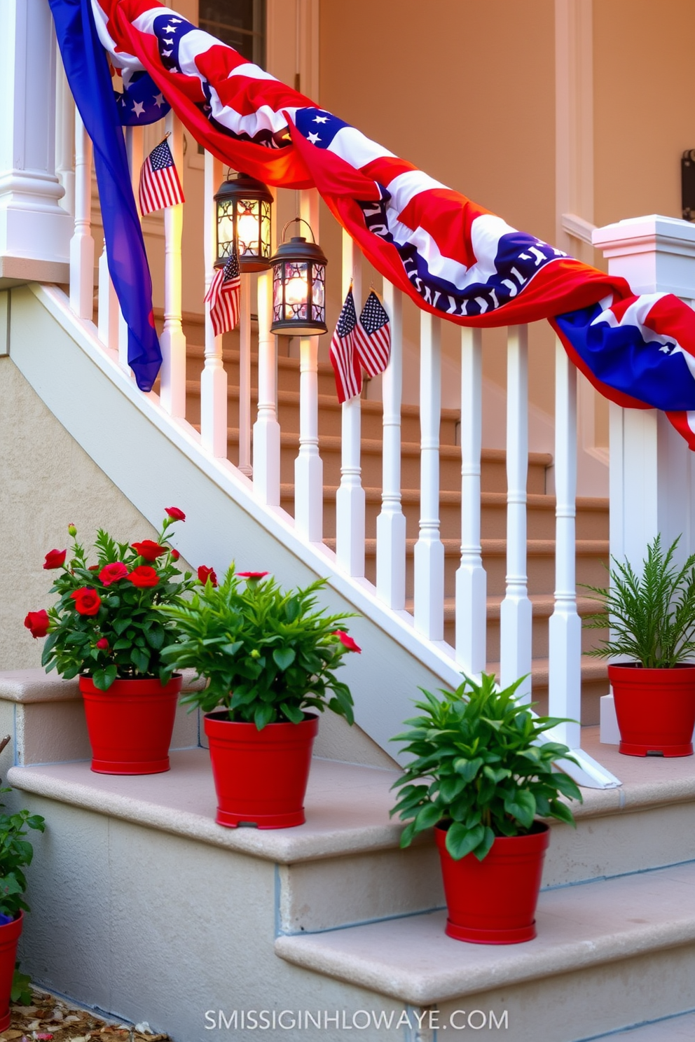 A vibrant Memorial Day staircase adorned with colorful banners. The railing is wrapped with red, white, and blue fabric, with small American flags interspersed between the banners. Patriotic-themed lanterns hang from the railing, casting a warm glow. The steps are lined with potted plants in red, white, and blue pots, adding a festive touch to the staircase.