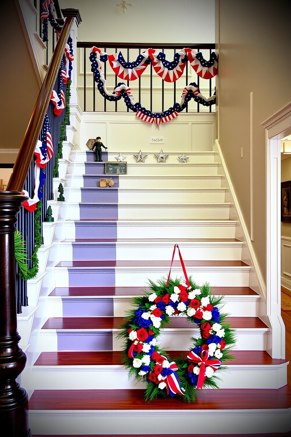 A grand staircase with stair risers painted in the colors of the American flag, alternating between red, white, and blue. The banister is adorned with patriotic bunting and small American flags, creating a festive Memorial Day atmosphere. Decorative elements such as star-shaped garlands and miniature military figurines are placed along the steps. A large wreath with red, white, and blue flowers hangs at the base of the staircase, celebrating the spirit of Memorial Day.