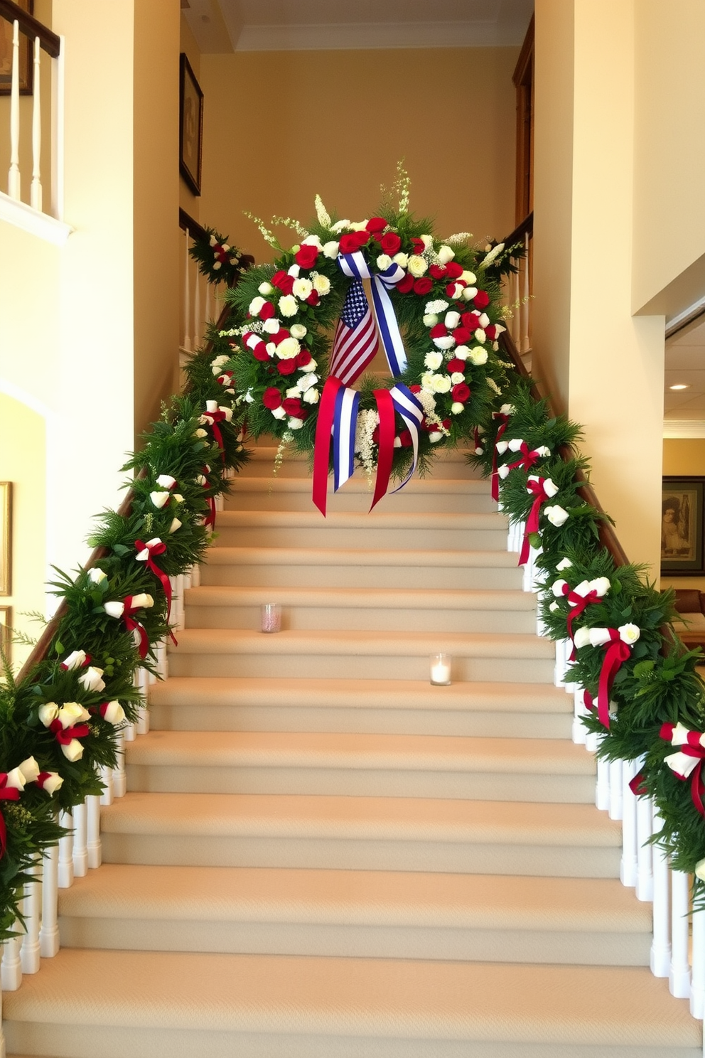 At the top of a grand staircase, a large memorial wreath made of fresh flowers and greenery is prominently displayed. The wreath is adorned with red, white, and blue ribbons, symbolizing Memorial Day, and a small American flag is tucked into the arrangement. The staircase is elegantly decorated with matching garlands draped along the banister, featuring similar floral arrangements and ribbons. Small candles in glass holders are placed on each step, creating a warm and inviting ambiance that honors the memory of fallen soldiers.