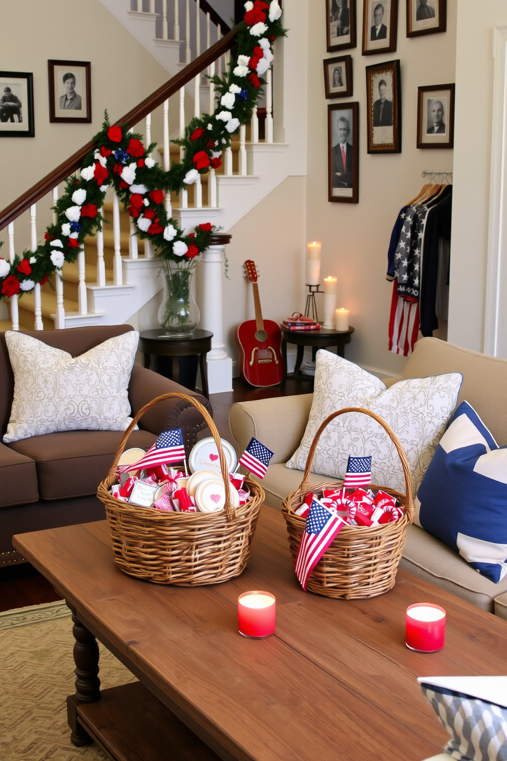 A cozy living room setup. There are wicker baskets filled with red, white, and blue treats like cookies, candies, and small flags. The baskets are placed on a rustic wooden coffee table, surrounded by plush sofas with patriotic-themed cushions. The room is adorned with subtle decorations in the same color scheme, creating a festive yet elegant ambiance. A charming staircase decorated for Memorial Day. The banister is wrapped in a garland of red, white, and blue flowers, interspersed with small American flags. On each step, there are LED candles in patriotic colors, casting a warm glow. The wall beside the staircase is adorned with framed photos of loved ones who served, adding a personal and heartfelt touch to the decor.