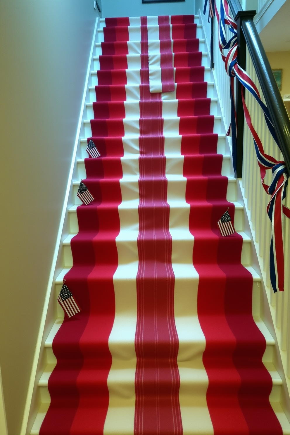 A festive Memorial Day staircase display. The steps are adorned with a red and white striped tablecloth that cascades down, creating a vibrant backdrop for the patriotic theme. Along the edges of the steps, small American flags are placed at regular intervals, fluttering gently. Red, white, and blue ribbons are intertwined along the banister, adding a touch of elegance and celebration.