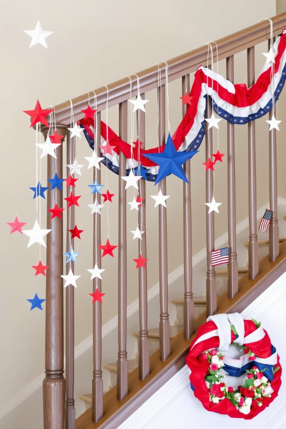 Hanging fabric stars from the banister. Delicate fabric stars in varying sizes and colors are draped elegantly along the banister, creating a whimsical and festive atmosphere. The stars are suspended from thin, nearly invisible threads, giving the illusion that they are floating. Memorial Day Staircase Decorating Ideas. Adorn the staircase with patriotic bunting in red, white, and blue, cascading down the banister in graceful waves. Complement the look with small American flags placed in decorative holders on each step, and finish with a wreath of fresh flowers in matching colors at the base of the stairs.