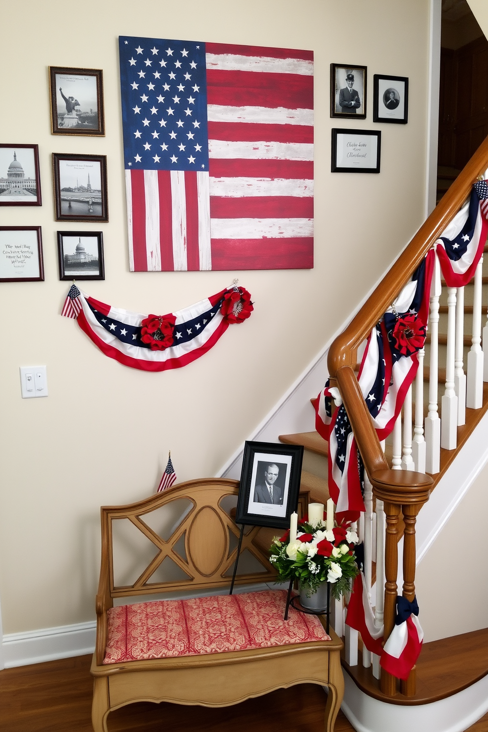 A patriotic-themed wall art display near a staircase. The wall features a large canvas painting of the American flag, flanked by smaller framed prints of historical landmarks and patriotic quotes. The staircase railing is wrapped with red, white, and blue garlands, and small American flags are placed in decorative holders on each step. A vintage wooden bench with patriotic-themed cushions sits at the base of the stairs, completing the look. Memorial Day staircase decorating ideas. The staircase is adorned with bunting in red, white, and blue, draped elegantly along the railing. Small wreaths made of faux poppies and ribbons are hung at intervals on the railing, adding a touch of remembrance. At the top of the stairs, a small table displays a framed photo of a loved one who served, surrounded by candles and fresh flowers in patriotic colors.