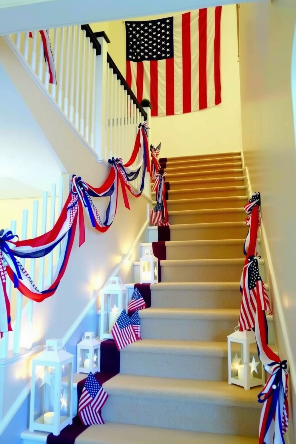 A patriotic staircase adorned with stars and stripes themed ribbon accents. Red, white, and blue ribbons weave through the banister, creating a festive and cohesive look. The steps are lined with small American flags, and a large flag hangs at the top of the staircase. Decorative lanterns with star cutouts are placed on each step, casting a warm glow.