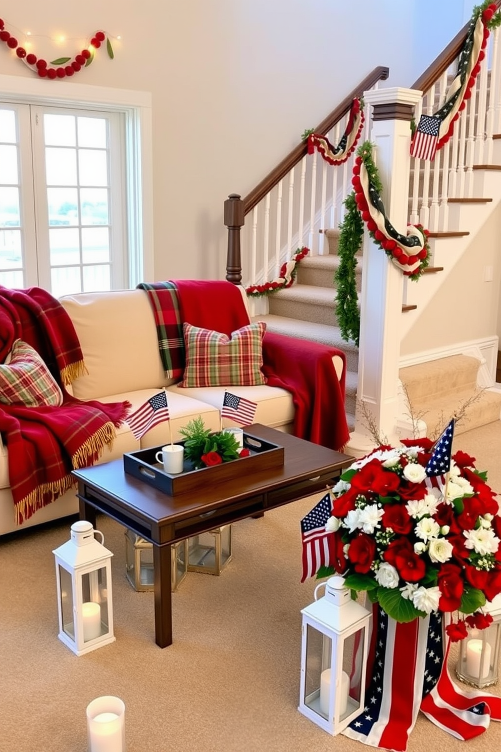 A cozy living room adorned with seasonal throw blankets in festive colors. Rich red, green, and gold blankets are draped over a cream-colored sofa, with matching pillows adding a touch of holiday cheer. A wooden coffee table in front of the sofa holds a tray with hot cocoa mugs and a small poinsettia plant. The room is softly lit by string lights hanging around the windows, creating a warm and inviting atmosphere perfect for winter gatherings. A grand staircase decorated for Memorial Day with patriotic flair. Red, white, and blue bunting is elegantly draped along the railing, complemented by small American flags placed in the banister. At the base of the staircase, a large floral arrangement in patriotic colors stands tall, welcoming guests. The steps are lined with white lanterns, each containing a small candle, casting a soft glow that highlights the festive decorations.