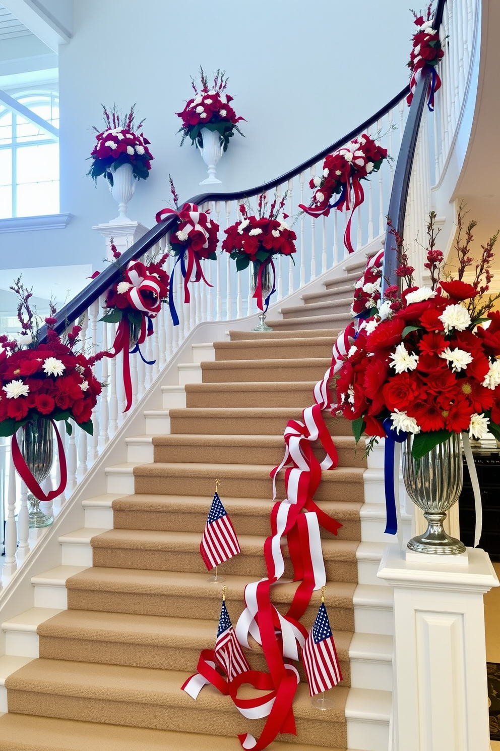 A grand staircase adorned with red and white floral arrangements in elegant vases. The flowers cascade down the banister, creating a stunning visual effect that draws the eye upward. For Memorial Day, the staircase is decorated with patriotic flair, featuring red, white, and blue ribbons intertwined with the floral arrangements. Small American flags are strategically placed along the steps, adding a touch of national pride to the decor.