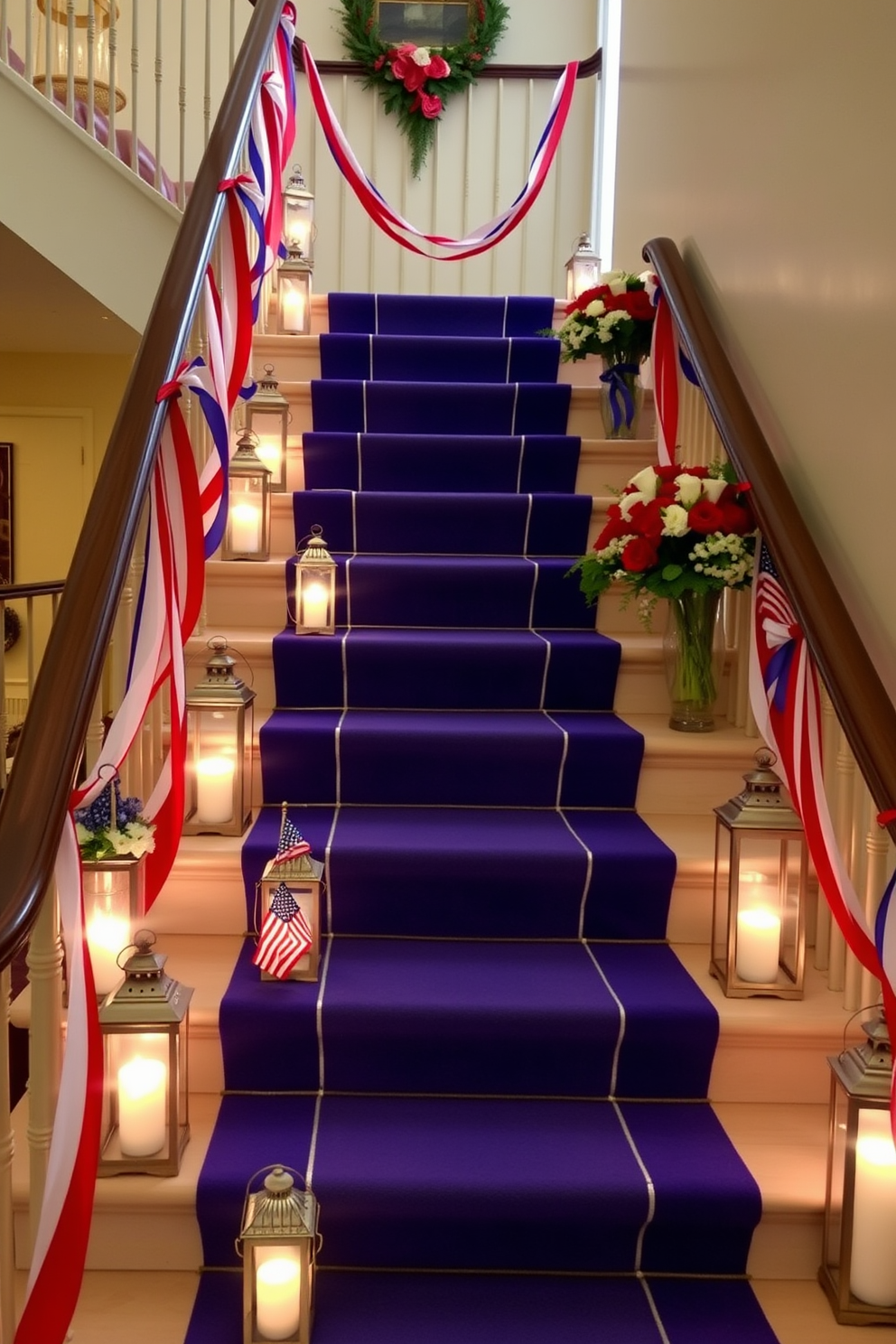 A grand staircase adorned with decorative lanterns. Each step features a lantern with a flickering candle inside, casting a warm, inviting glow. For Memorial Day, the staircase is decorated with red, white, and blue ribbons intertwined along the railing. Small American flags are placed in the lanterns, and patriotic-themed flower arrangements are positioned at each landing.