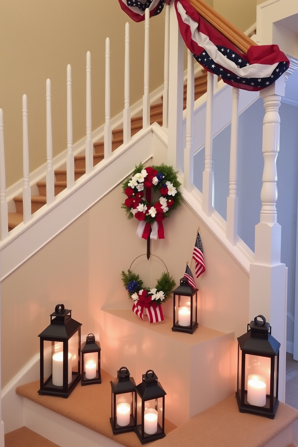 A patriotic staircase adorned for Memorial Day. Red, white, and blue bunting gracefully draped along the railing, paired with small American flags positioned at each step. A wreath made of red, white, and blue flowers hangs on the wall at the base of the stairs. The steps are accented with lanterns containing LED candles, casting a warm, inviting glow.