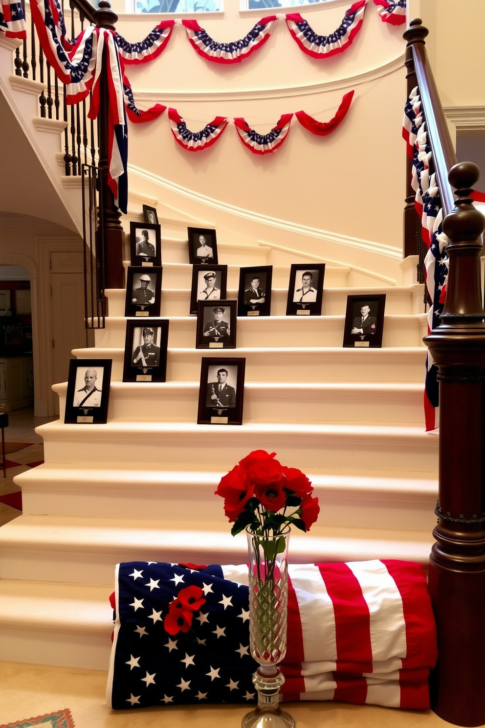 A grand staircase adorned for Memorial Day. The steps are lined with photo frames of veterans, each frame standing upright and showcasing black-and-white portraits of service members. Red, white, and blue bunting drapes elegantly along the banister, creating a patriotic display. At the base of the staircase, a large American flag is folded neatly, accompanied by a bouquet of red poppies in a crystal vase.