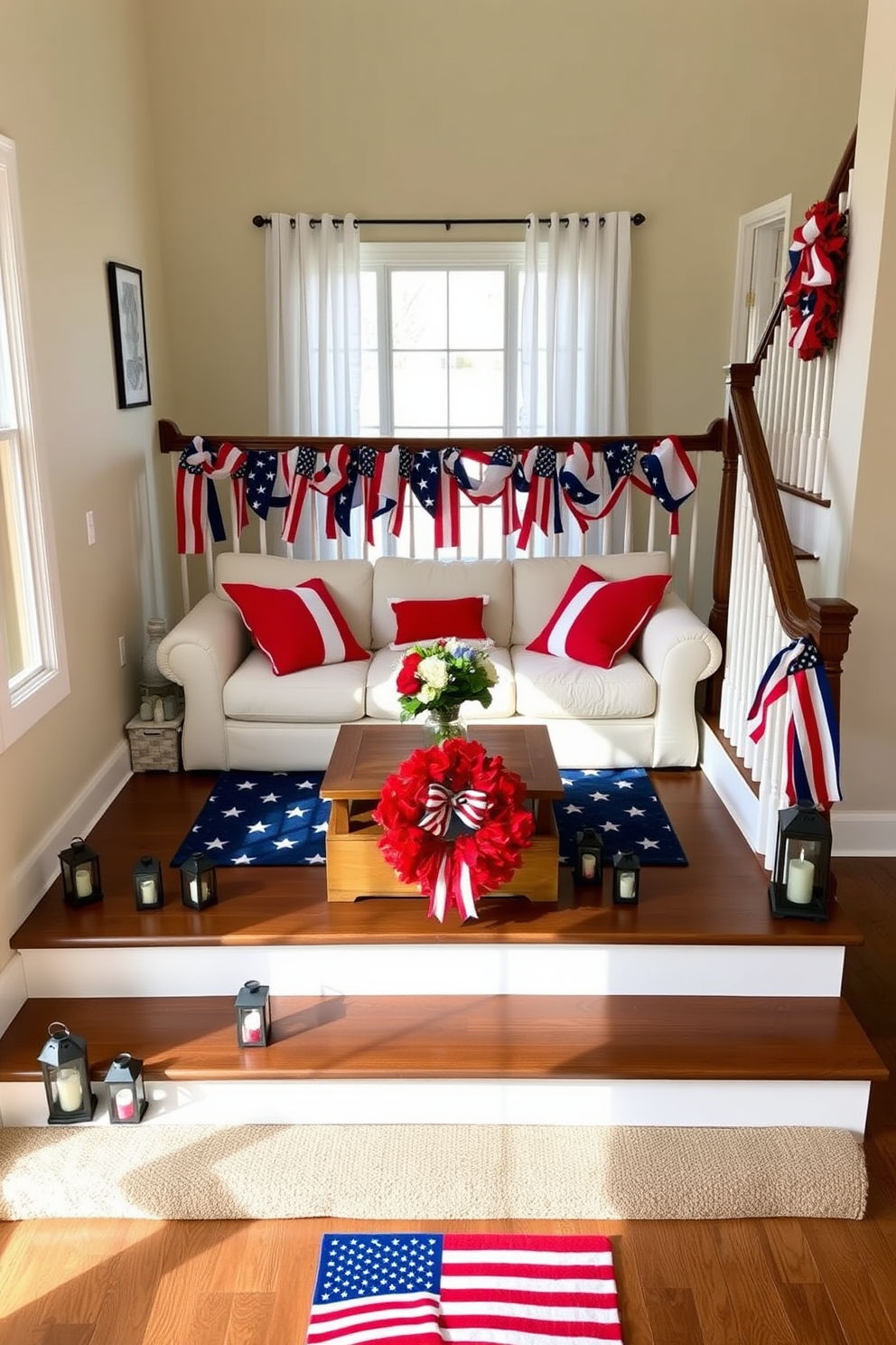 A cozy living room setup. There are red, white, and blue throw pillows arranged on a cream-colored sofa, creating a patriotic theme. The walls are painted a soft beige, and a large window with white curtains allows natural light to flood the space. A navy blue rug with white stars anchors the room, and a wooden coffee table with a vase of fresh flowers sits in the center. A festive Memorial Day staircase. The banister is wrapped with a garland of red, white, and blue ribbons, interwoven with small American flags. Each step is adorned with a small lantern, alternating in colors of red, white, and blue, creating a vibrant path. A large patriotic wreath hangs at the base of the staircase, and a welcome mat with stars and stripes greets guests at the bottom.