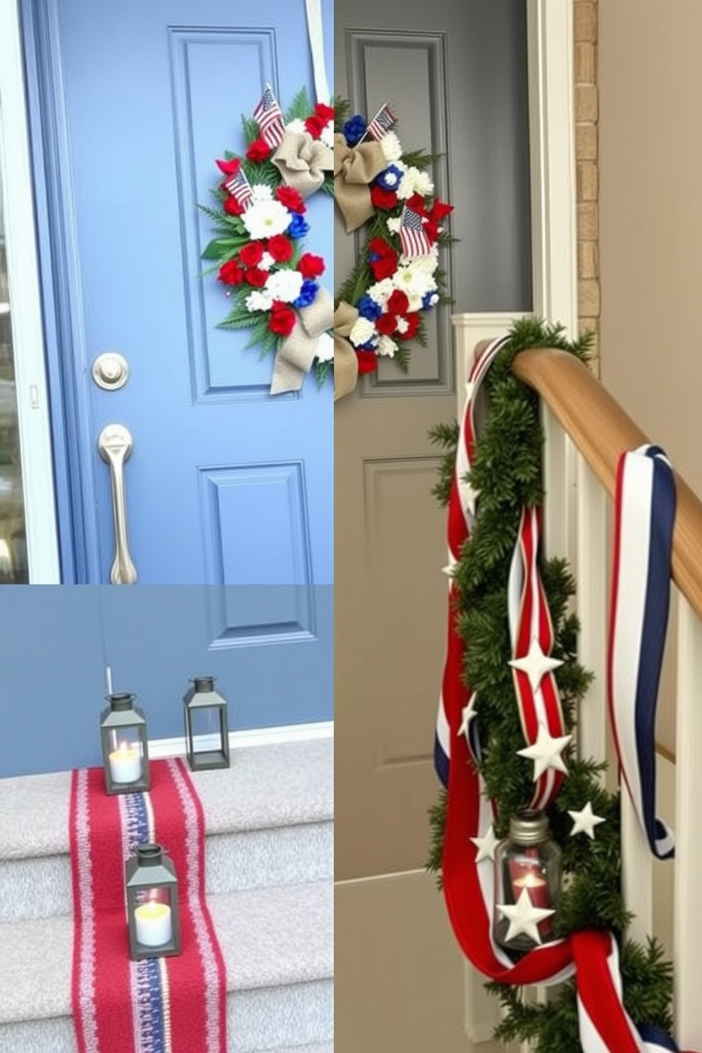 A welcoming front door adorned with a wreath made of patriotic flowers. The wreath features a combination of red, white, and blue blooms, accented with small American flags and a burlap bow. A Memorial Day staircase decorated with red, white, and blue garlands. Each step is lined with small lanterns containing LED candles, and the banister is wrapped in a striped ribbon, complemented by star-shaped ornaments.