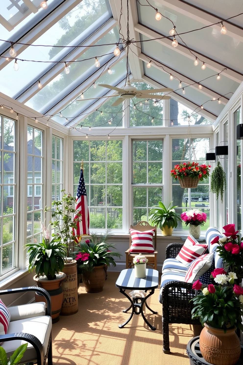 A sunroom filled with natural light. String lights are draped across the ceiling, creating a cozy glow that enhances the warm atmosphere. The space features comfortable seating with soft cushions in patriotic colors. Potted plants and floral arrangements add a touch of freshness to the decor, celebrating the spirit of Memorial Day.