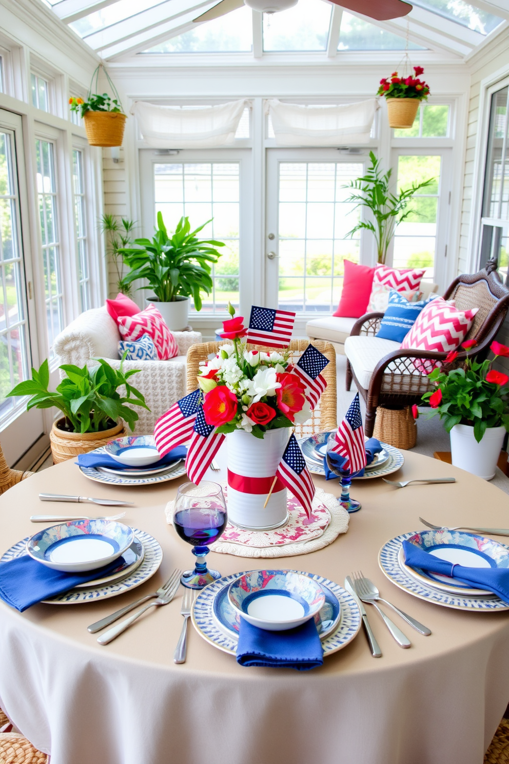 A beautifully arranged table setting features themed dinnerware in red, white, and blue hues. The centerpiece includes a vase filled with fresh flowers and small American flags, creating a festive atmosphere. The sunroom is decorated with light, airy fabrics and vibrant cushions that reflect the colors of summer. Potted plants are strategically placed around the space, enhancing the cheerful and inviting ambiance.