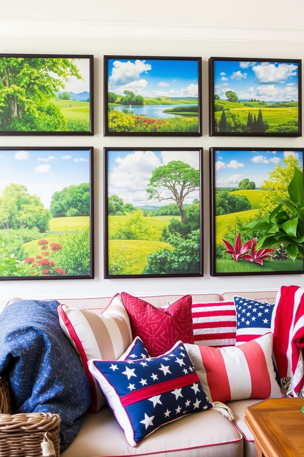 Wall art featuring American landscapes creates a vibrant focal point in the sunroom. The artwork showcases serene scenes of nature, with lush greenery and expansive skies that invite the outdoors in. For Memorial Day, incorporate patriotic colors and decor elements that honor the holiday. Use red, white, and blue accents in pillows and throws to enhance the festive atmosphere while maintaining a cozy and inviting space.