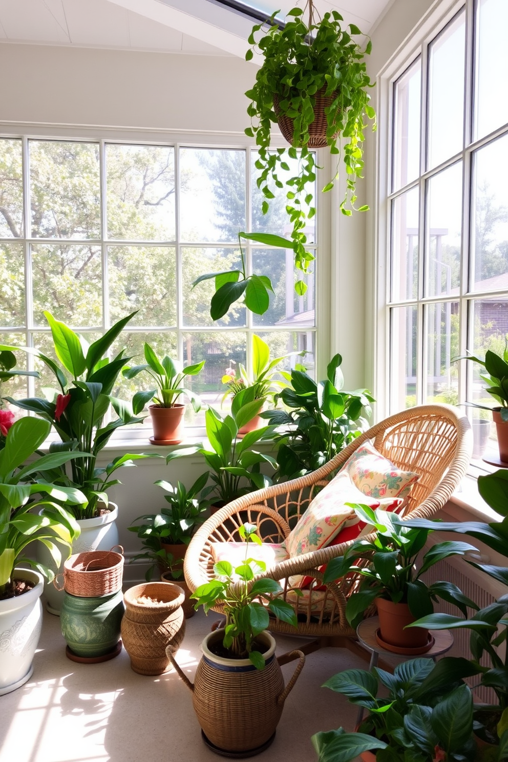 A bright sunroom filled with lush green plants in decorative pots of various sizes. The sunlight streams in through large windows, creating a vibrant and inviting atmosphere perfect for relaxation. In one corner, a cozy seating area features a rattan chair adorned with colorful cushions. The walls are decorated with subtle floral patterns, enhancing the cheerful ambiance of the space.