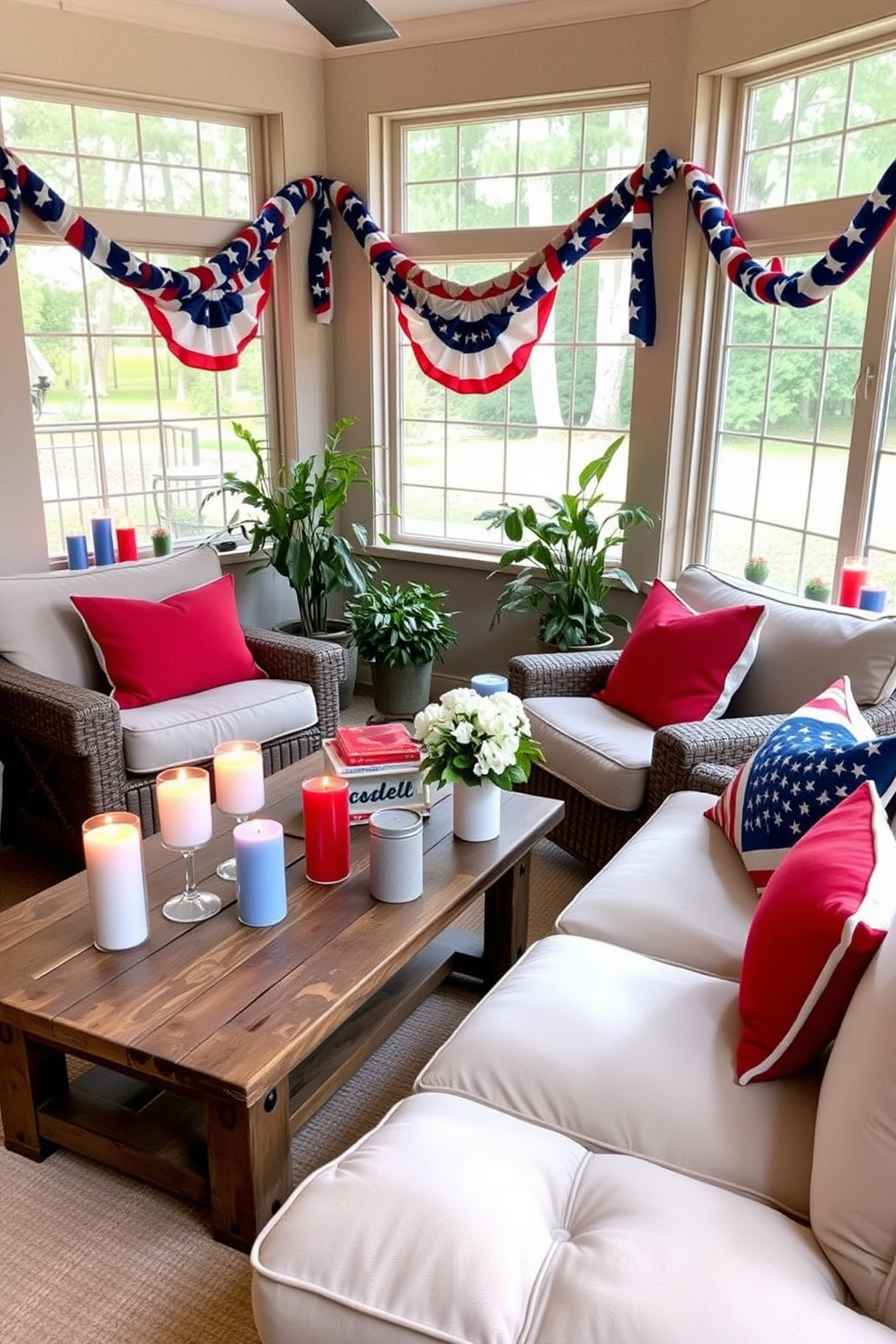 A sunroom adorned with candles in red, white, and blue holders creates a festive atmosphere for Memorial Day. The soft glow of the candles complements the natural light streaming through the large windows, enhancing the cozy and inviting space. Plush seating in neutral tones is arranged around a rustic wooden coffee table, providing a perfect spot for relaxation. Vibrant throw pillows in patriotic colors add a pop of color, while potted plants bring a touch of nature indoors.