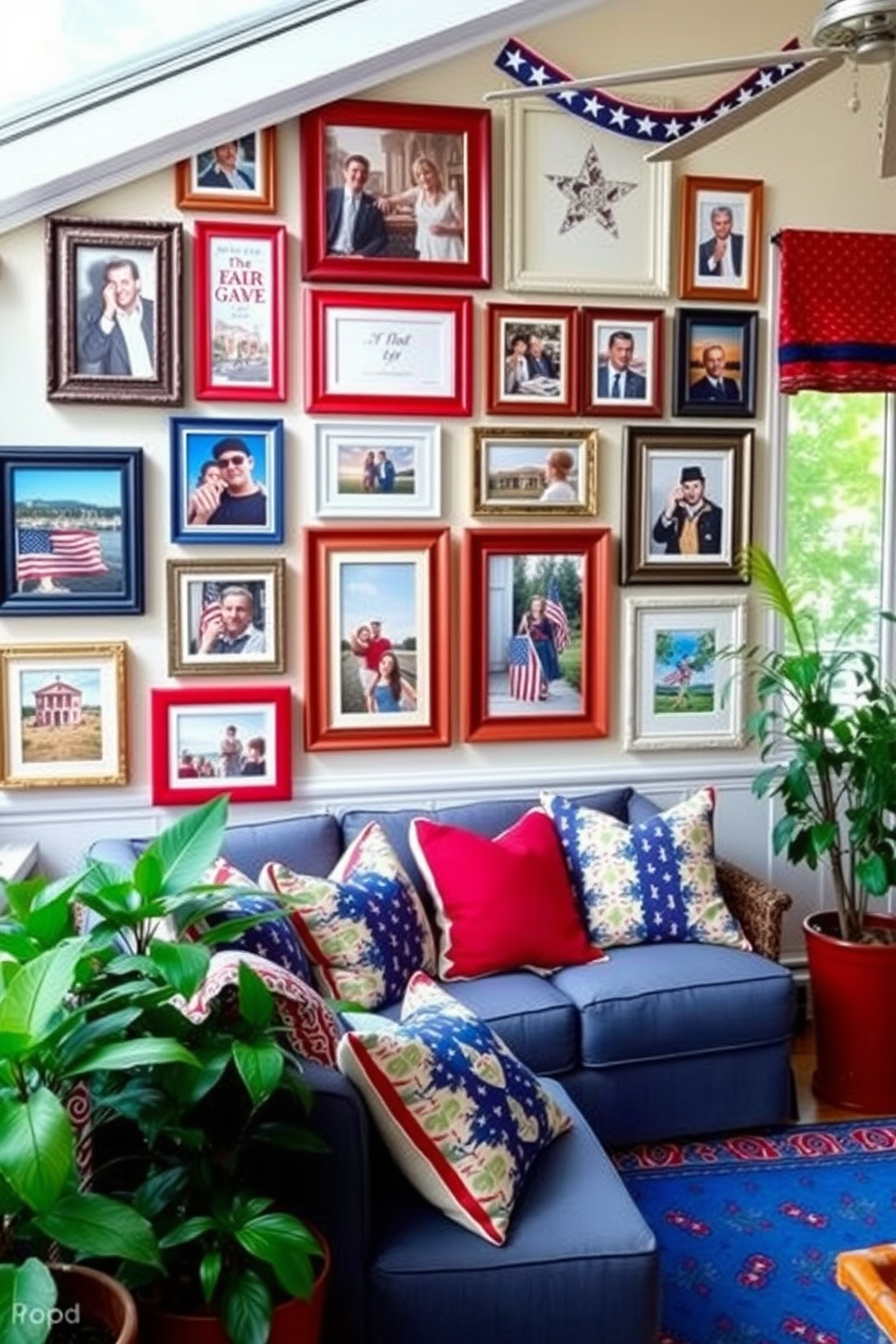 A patriotic themed photo gallery wall featuring a collection of framed photographs and artwork celebrating national holidays. The wall is adorned with red white and blue accents and includes a mix of vintage and contemporary frames for an eclectic look. In the sunroom vibrant colors and natural light create a cheerful atmosphere perfect for relaxation. Decorate with comfortable seating colorful throw pillows and potted plants to enhance the inviting ambiance.