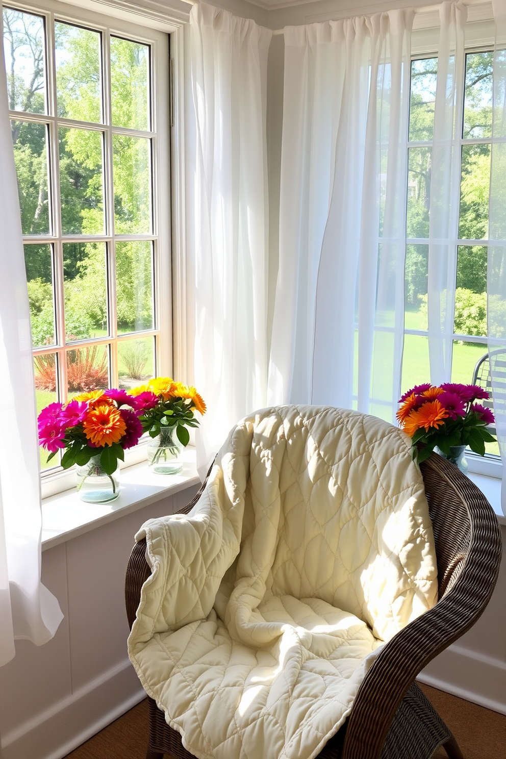 A cozy sunroom filled with natural light. A quilted throw in soft pastel colors drapes over a plush wicker chair, inviting relaxation. Bright floral arrangements in vibrant hues adorn the window sills. The space features light, airy curtains that flutter gently with the breeze, enhancing the cheerful ambiance.