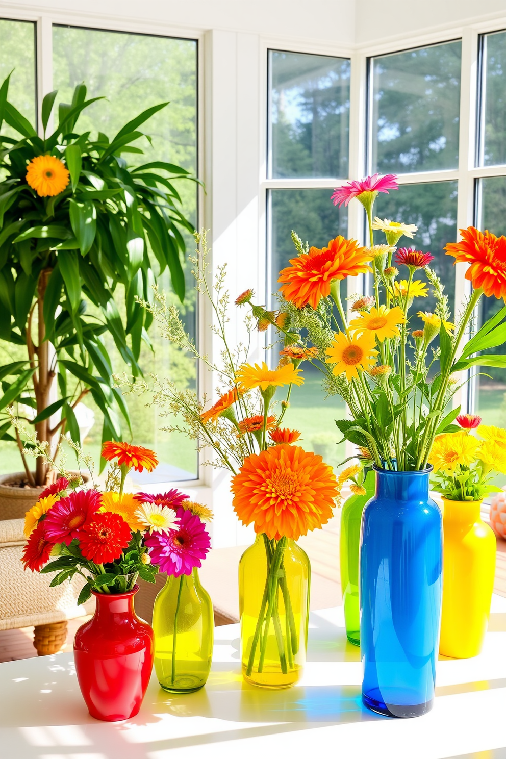 Bright colored vases filled with seasonal blooms create a vibrant atmosphere in the sunroom. The sunroom features large windows that allow natural light to flood in, enhancing the cheerful decor.