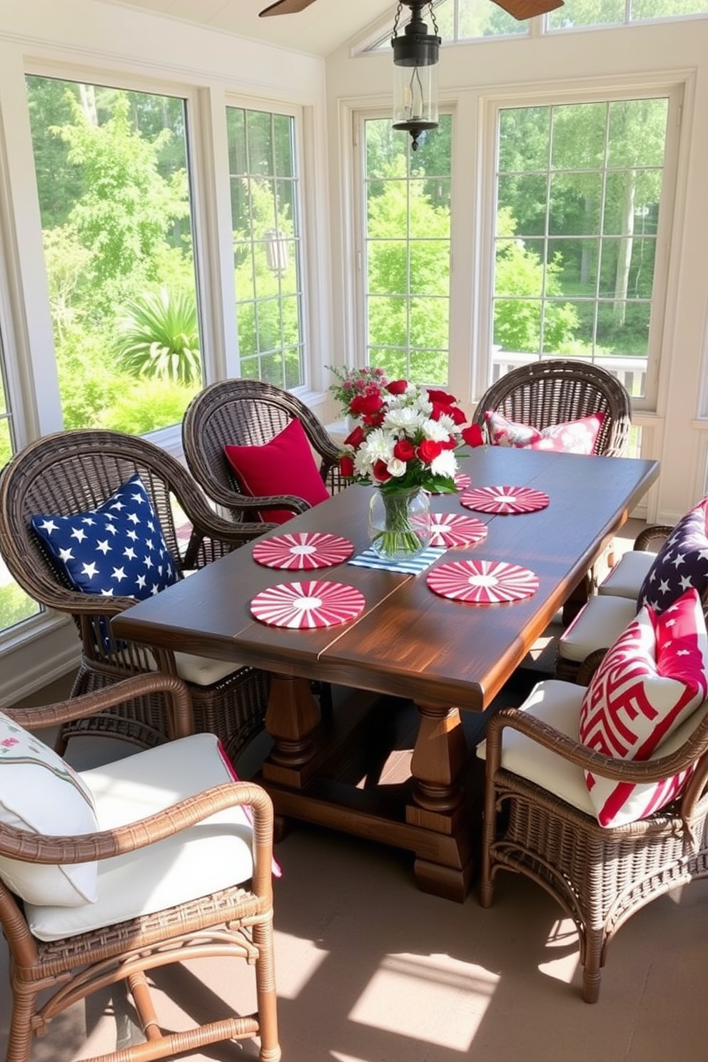 A sunroom filled with natural light features a rustic wooden table adorned with patriotic themed coasters in red white and blue. Surrounding the table are comfortable wicker chairs with vibrant cushions that reflect the spirit of Memorial Day.