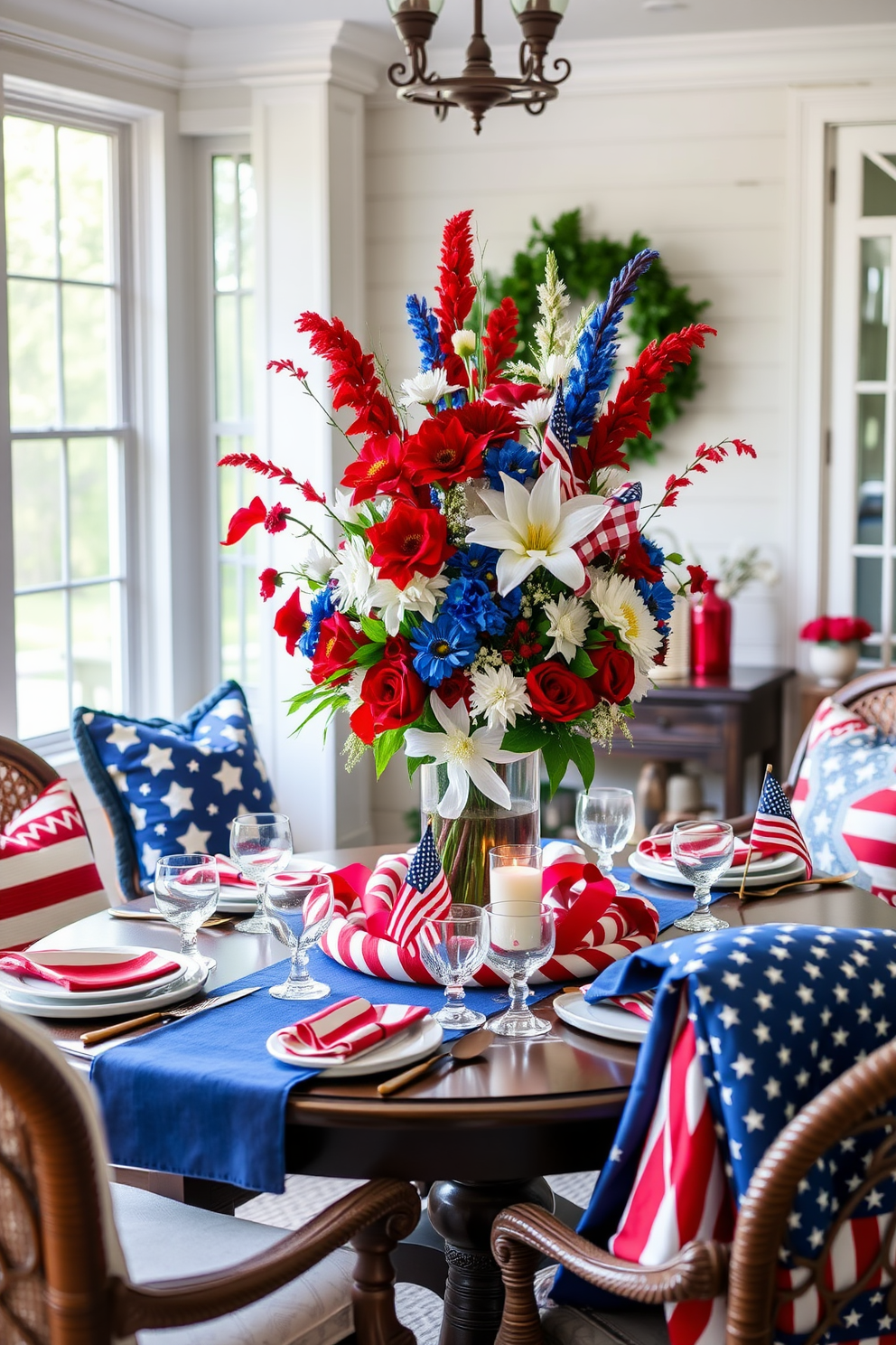 A star spangled table centerpiece adorned with vibrant red white and blue flowers creates a festive atmosphere for Memorial Day. Surround the centerpiece with elegant tableware and soft lighting to enhance the sunroom's inviting ambiance. Incorporate comfortable seating with patriotic throw pillows and a cozy blanket for a warm touch. Add decorative elements like small American flags and themed candles to complete the Memorial Day decor in the sunroom.