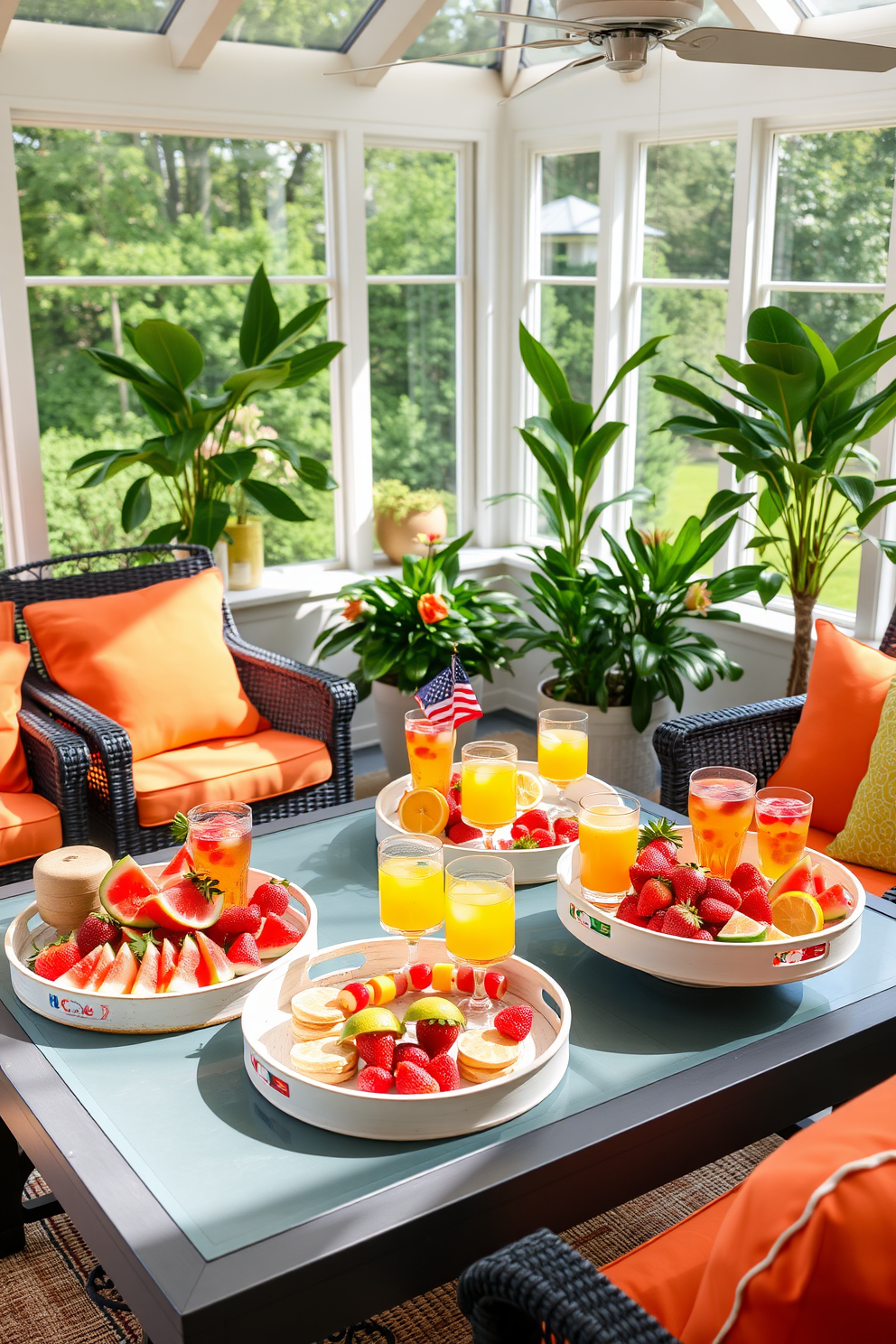 A sunroom filled with natural light showcases a collection of decorative trays adorned with an array of summer snacks. Vibrant fruits like watermelon and strawberries are arranged alongside refreshing beverages, creating a cheerful and inviting atmosphere. The sunroom features comfortable seating with plush cushions in bright colors, perfect for enjoying the warm weather. Lush green plants are placed throughout the space, adding a touch of nature to the festive Memorial Day decor.