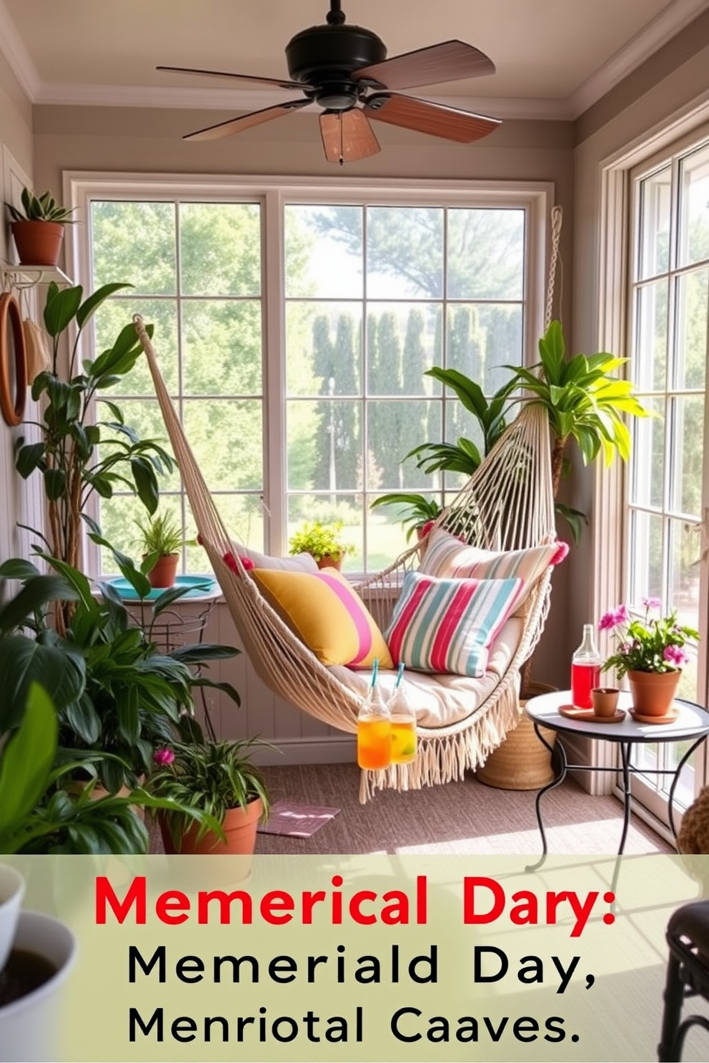 A cozy sunroom features a hammock chair suspended from the ceiling, inviting relaxation and comfort. Surrounding the chair are lush potted plants and soft, natural light streaming through large windows, creating a serene atmosphere. Decorative pillows in vibrant colors are scattered on the hammock, adding a playful touch to the space. A small side table holds refreshing beverages, enhancing the inviting ambiance perfect for Memorial Day gatherings.