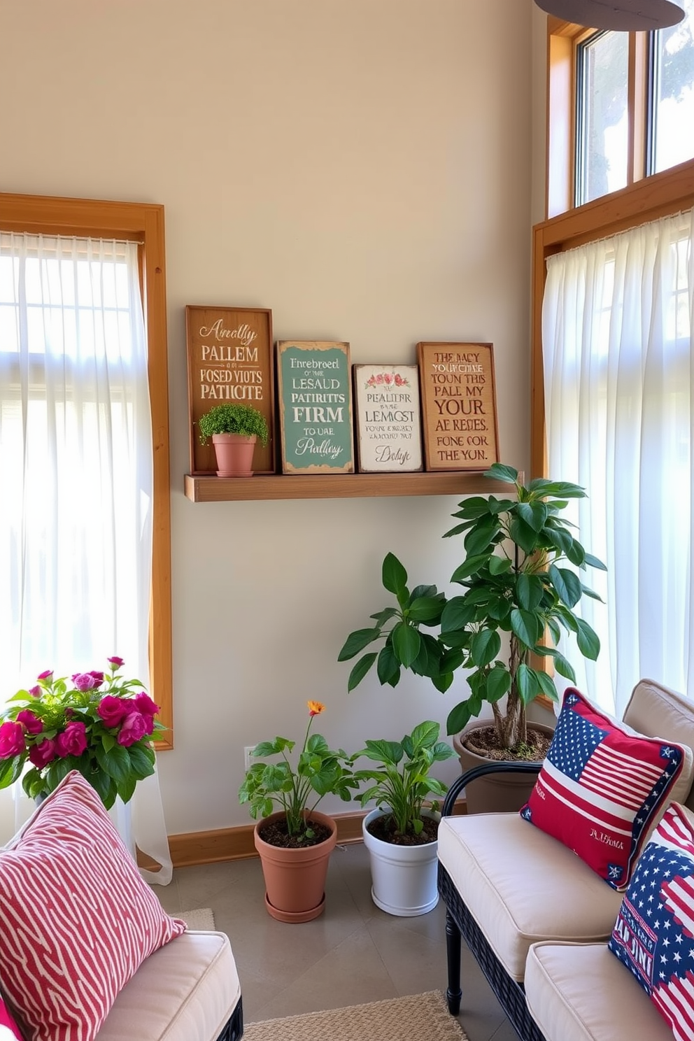 Wooden signs featuring patriotic quotes are artfully arranged on a rustic shelf in the sunroom. The warm wood tones complement the natural light streaming in through large windows adorned with sheer white curtains. In the sunroom, vibrant potted plants add life and color, creating a welcoming atmosphere. Soft, comfortable seating invites relaxation, while decorative cushions reflect the spirit of Memorial Day with red, white, and blue patterns.