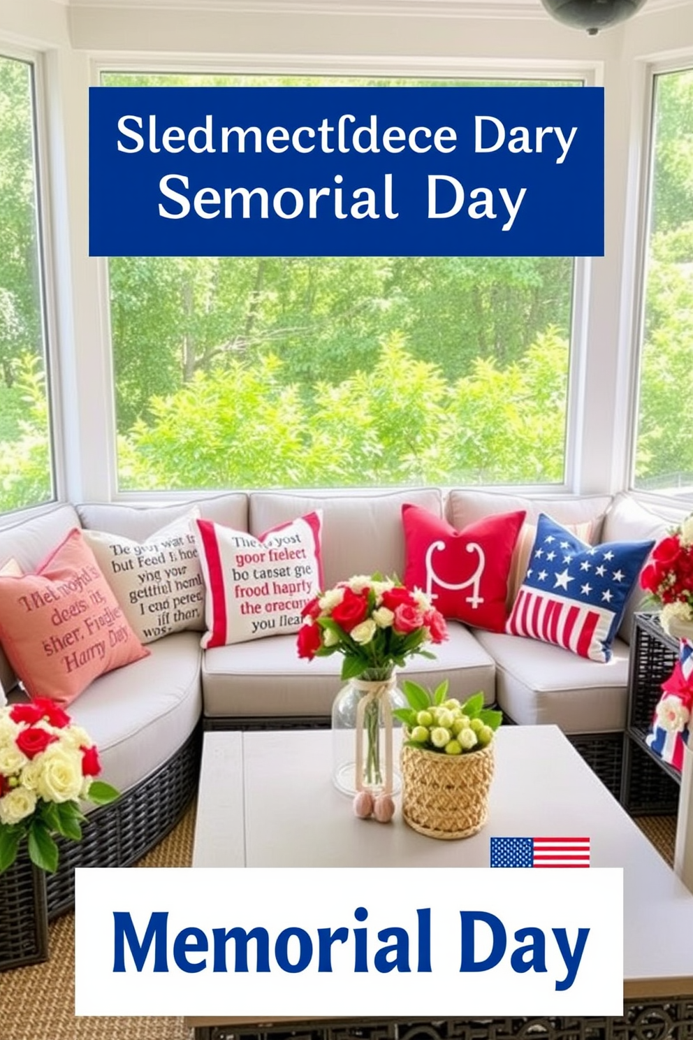 Accent pillows featuring inspiring quotes about freedom are scattered across a cozy sunroom seating area. The sunroom is filled with natural light, and vibrant greenery peeks through the large windows, enhancing the inviting atmosphere. For Memorial Day, the sunroom is adorned with red, white, and blue accents, celebrating the holiday's spirit. The decor includes patriotic-themed pillows and tasteful arrangements of fresh flowers to create a festive yet elegant space.