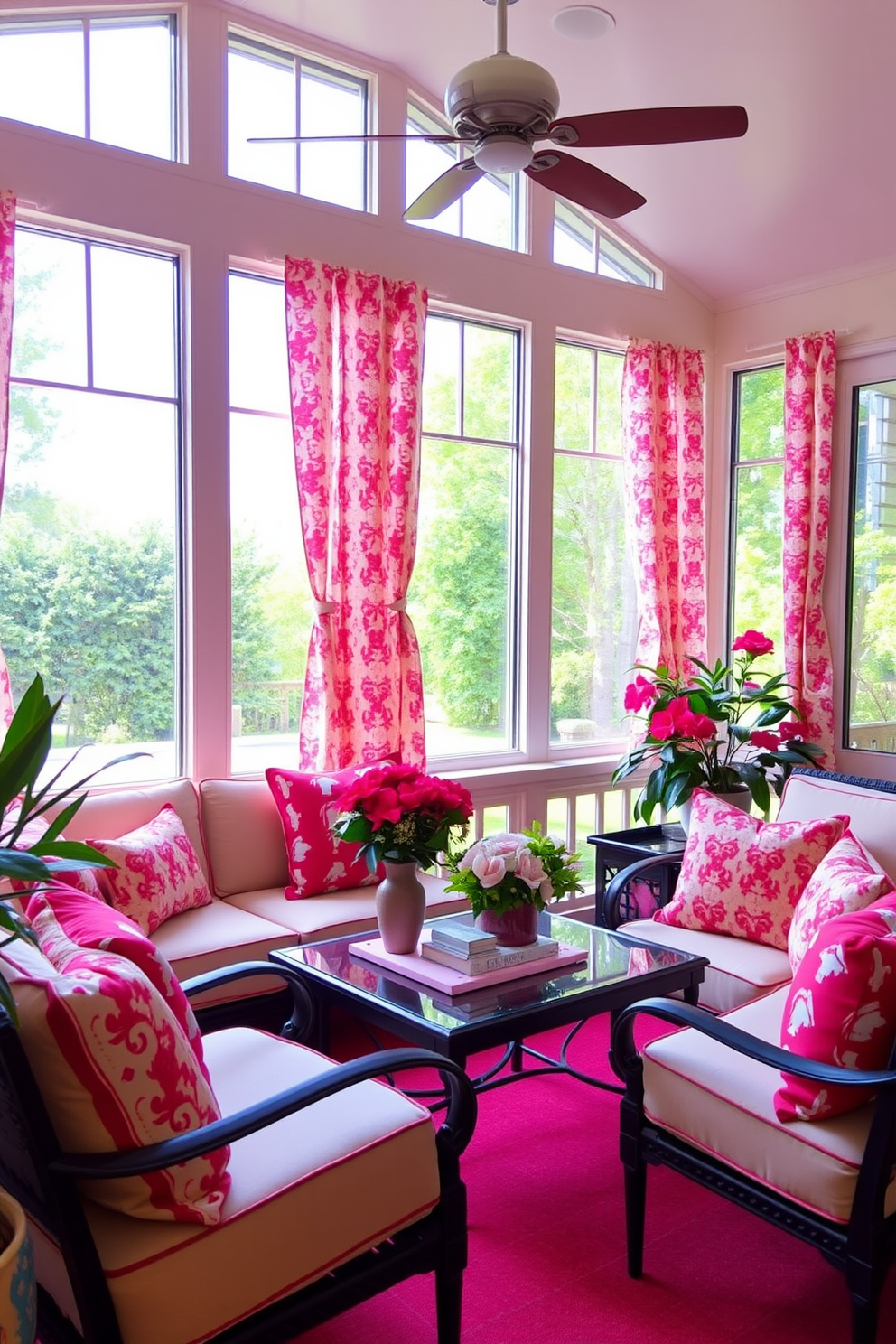 Bright colored curtains in vibrant hues frame the large windows of the sunroom, allowing natural light to flood the space. The cheerful fabric features playful patterns that complement the surrounding decor, creating an inviting atmosphere for relaxation and gatherings. Incorporate comfortable seating with soft cushions in coordinating colors to enhance the cheerful look. Add decorative elements like potted plants and colorful throw pillows to complete the Memorial Day theme, making the sunroom a perfect spot for enjoying the holiday.