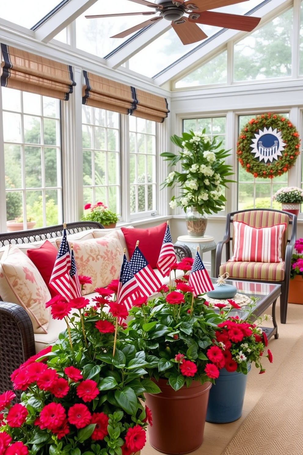 Create a sunroom that celebrates Memorial Day with miniature flags placed in vibrant potted plants. The space should be filled with natural light, featuring comfortable seating and patriotic decor that evokes a festive atmosphere.